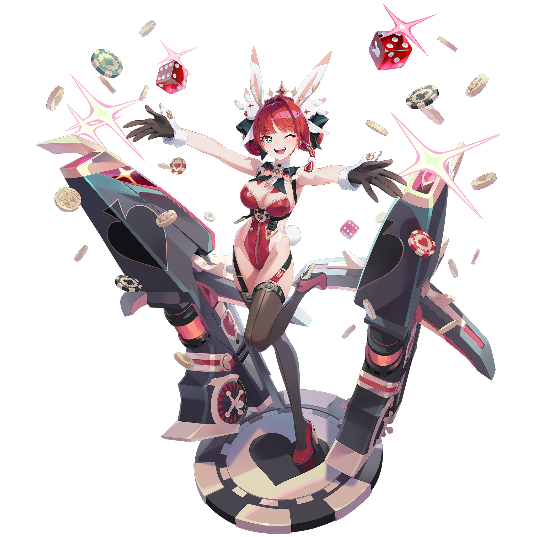 justyna (black survival), black survival, eternal return: black survival, highres, official art, 1girl, animal ears, armpits, bare shoulders, black bow, blue eyes, bow, bowtie, braid, breasts, brown gloves, brown thighhighs, cannon, chest harness, cleavage, detached collar, dice, double bun, fake animal ears, full body, garter straps, gloves, hair bow, hair bun, hair ornament, harness, high heels, huge weapon, large breasts, leg up, leotard, looking at viewer, medium hair, multicolored hair, official alternate costume, one eye closed, open mouth, outstretched arms, playboy bunny, poker chip, rabbit ears, rabbit hair ornament, red hair, red leotard, red shoes, see-through clothes, see-through leotard, shoes, single braid, smile, solo, sparkle, sparkling eyes, standing, standing on one leg, strapless, strapless leotard, streaked hair, thighhighs, thighs, transparent background, weapon, wrist cuffs, zipper, zipper leotard