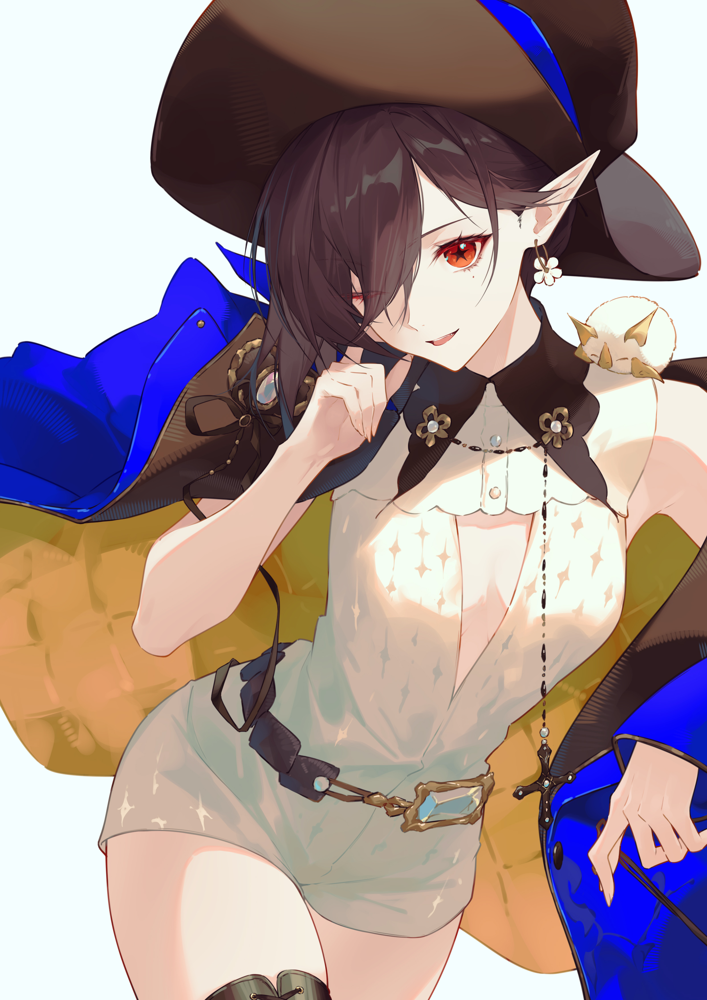 jiusan naitang, entelechia (arknights), arknights, absurdres, commentary request, highres, blue jacket, blue ribbon, brown eyes, brown hat, cleavage cutout, clothing cutout, cowboy shot, creature, creature on shoulder, cross, earrings, entelechia (dazzling blue) (arknights), fang, flower earrings, hat, hat ribbon, jacket, jewelry, latin cross, mole, mole under eye, official alternate costume, on shoulder, parted lips, pointy ears, red eyes, ribbon, star-shaped pupils, star (symbol), symbol-shaped pupils, triangle cutout, two-sided fabric, two-sided jacket, wide brim