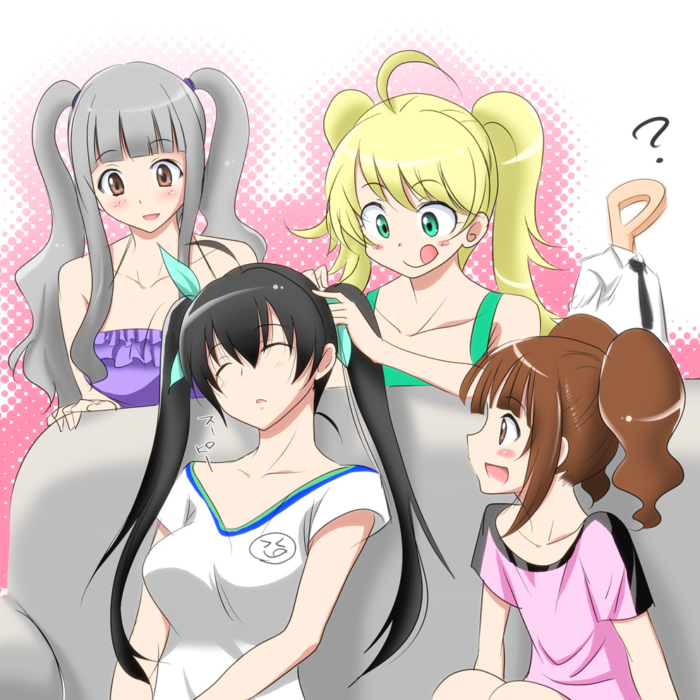 marugoshi teppei, ganaha hibiki, hoshii miki, p-head producer, producer (idolmaster), shijou takane, takatsuki yayoi, idolmaster, idolmaster (classic), idolmaster sp, silver hair, bad id, bad pixiv id, 00s, 4girls, :p, :q, ?, ahoge, black hair, blonde hair, blunt bangs, breasts, brown eyes, brown hair, camisole, cleavage, green eyes, hair ribbon, large breasts, long hair, multiple girls, ribbon, sleeping, tongue, tongue out, twintails