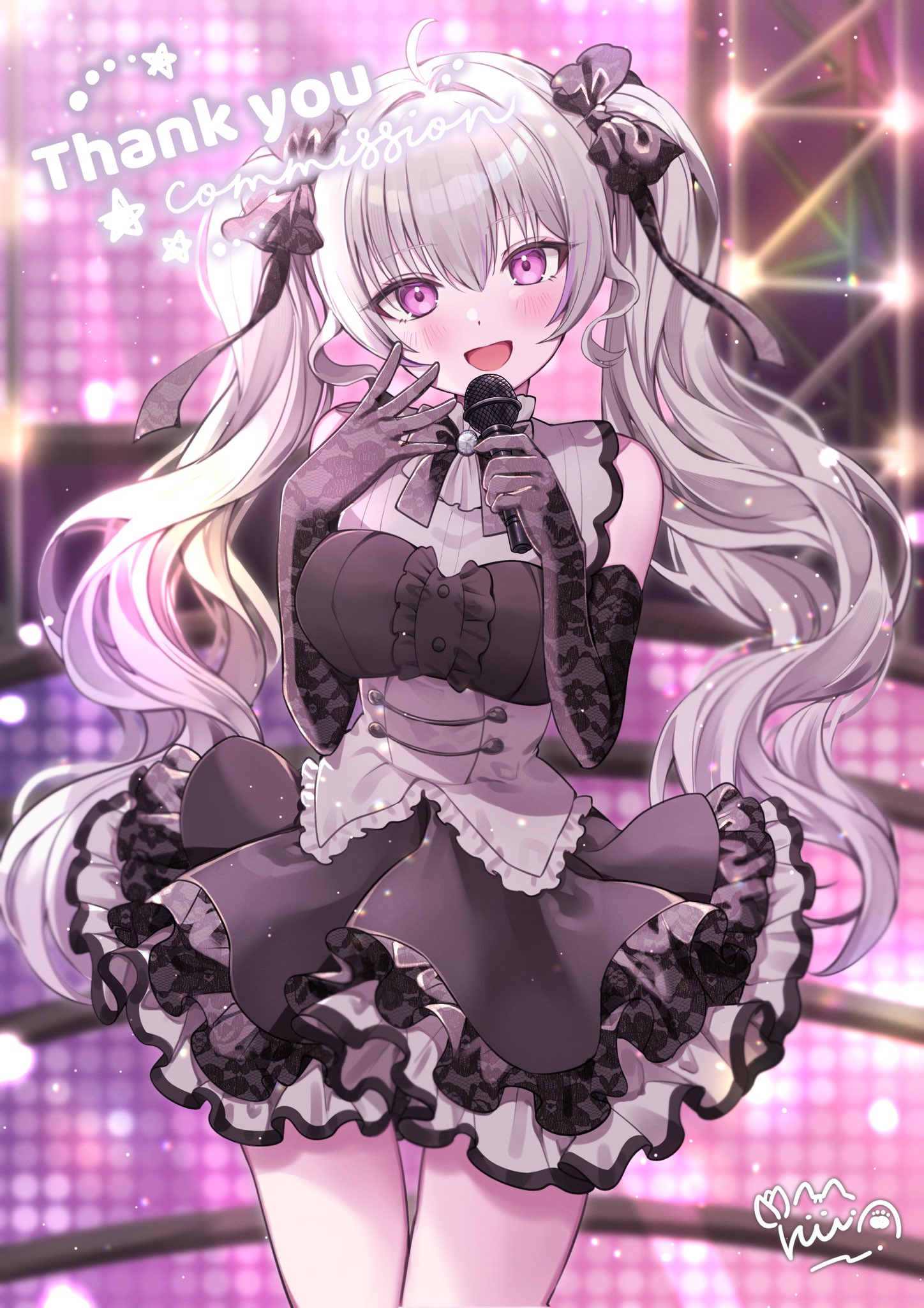 ruu hh, indie virtual youtuber, commentary, commission, highres, skeb commission, symbol-only commentary, 1girl, ahoge, black bow, black dress, black gloves, black skirt, bow, breasts, cowboy shot, dress, elbow gloves, frilled skirt, frills, gloves, gradient hair, grey dress, grey hair, grey skirt, hair bow, holding, holding microphone, idol clothes, lace, lace-trimmed skirt, lace gloves, lace trim, matoi roco, medium breasts, microphone, multicolored dress, multicolored hair, multicolored skirt, multiple hair bows, open mouth, pink eyes, purple hair, skirt, sleeveless, sleeveless dress, solo, stage, thank you, twintails, virtual youtuber