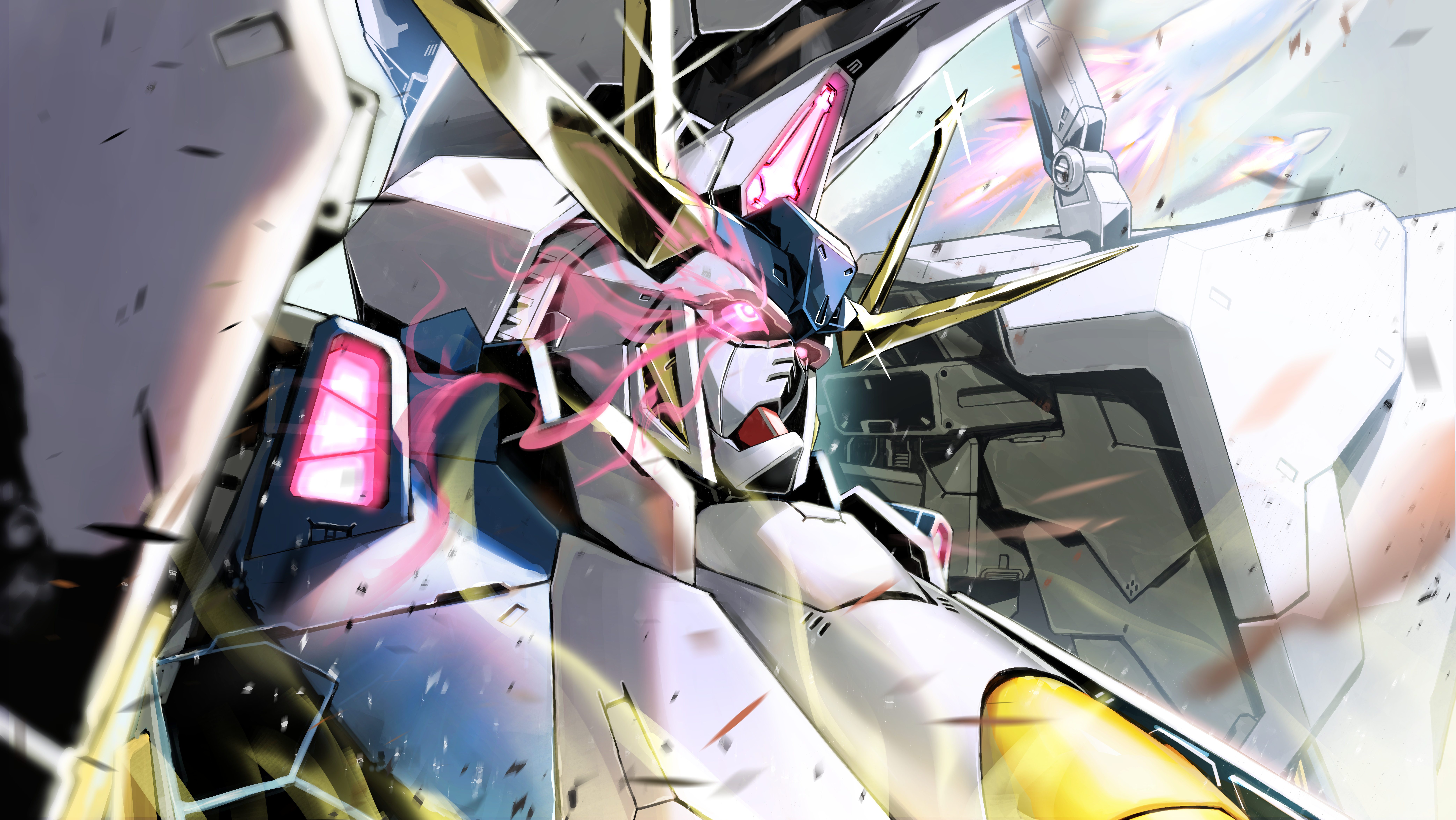 kyo (0155498), penelope (hathaway's flash), gundam, gundam hathaway's flash, absurdres, commentary, highres, battle, debris, exhaust, funnels (gundam), glowing, glowing eyes, mecha, mecha focus, missile, mobile suit, no humans, pink eyes, robot, science fiction, solo, upper body, v-fin, weapon