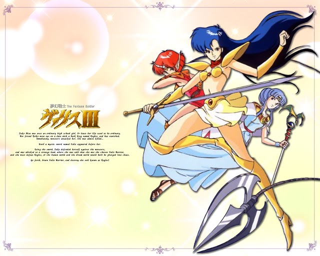 asou yuuko, cham, valna, sega, telenet, telenet japan, valis, valis iii, official art, official wallpaper, 3girls, armor, belt, bikini armor, blue eyes, blue hair, boots, copyright name, dress, game console, horns, knee boots, long hair, long pointy ears, looking at viewer, microskirt, midriff, miniskirt, multiple girls, nec, neckerchief, pc engine, pointy ears, red hair, retro artstyle, sidelocks, single horn, skirt, staff, sword, valis sword, very long hair, weapon, whip