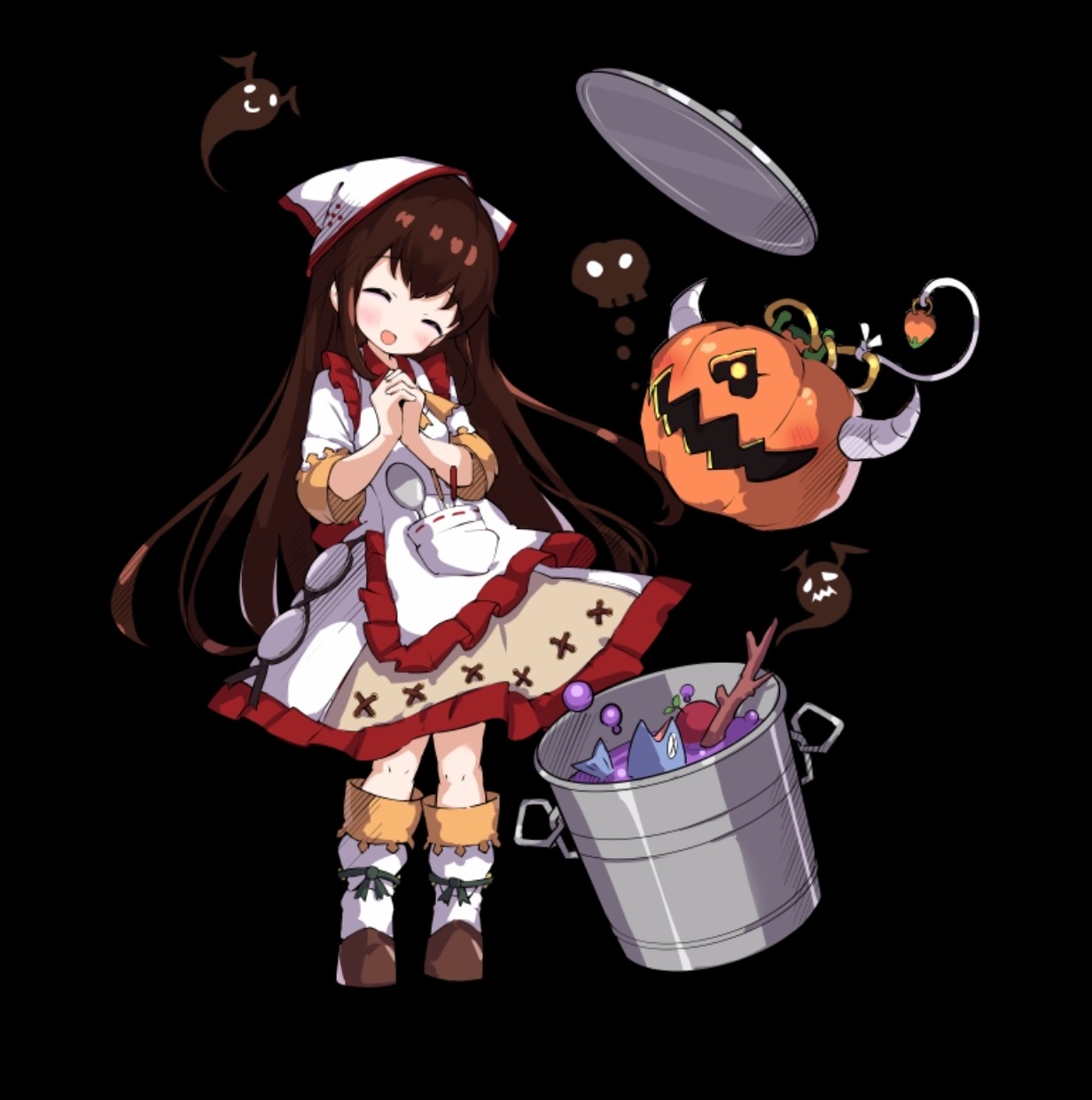 merc storia art team, cosette (merc storia), merc storia, highres, official art, 1girl, ^ ^, apron, black background, black hair, blush, boots, closed eyes, closed mouth, cooking, cooking pot, dress, frilled apron, frills, full body, head tilt, headscarf, jack-o'-lantern, long hair, long sidelocks, long sleeves, open mouth, own hands clasped, own hands together, sidelocks, simple background, smile, solo, standing, tachi-e, three-quarter sleeves, white apron, white boots, white dress, white headscarf