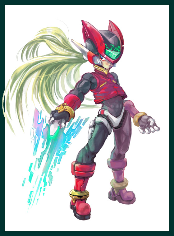 ojisan bosatsu, zero(z) (mega man), zero (mega man), capcom, mega man (series), mega man zero (series), 1boy, blonde hair, border, gloves, male focus, ponytail, solo, sword, weapon