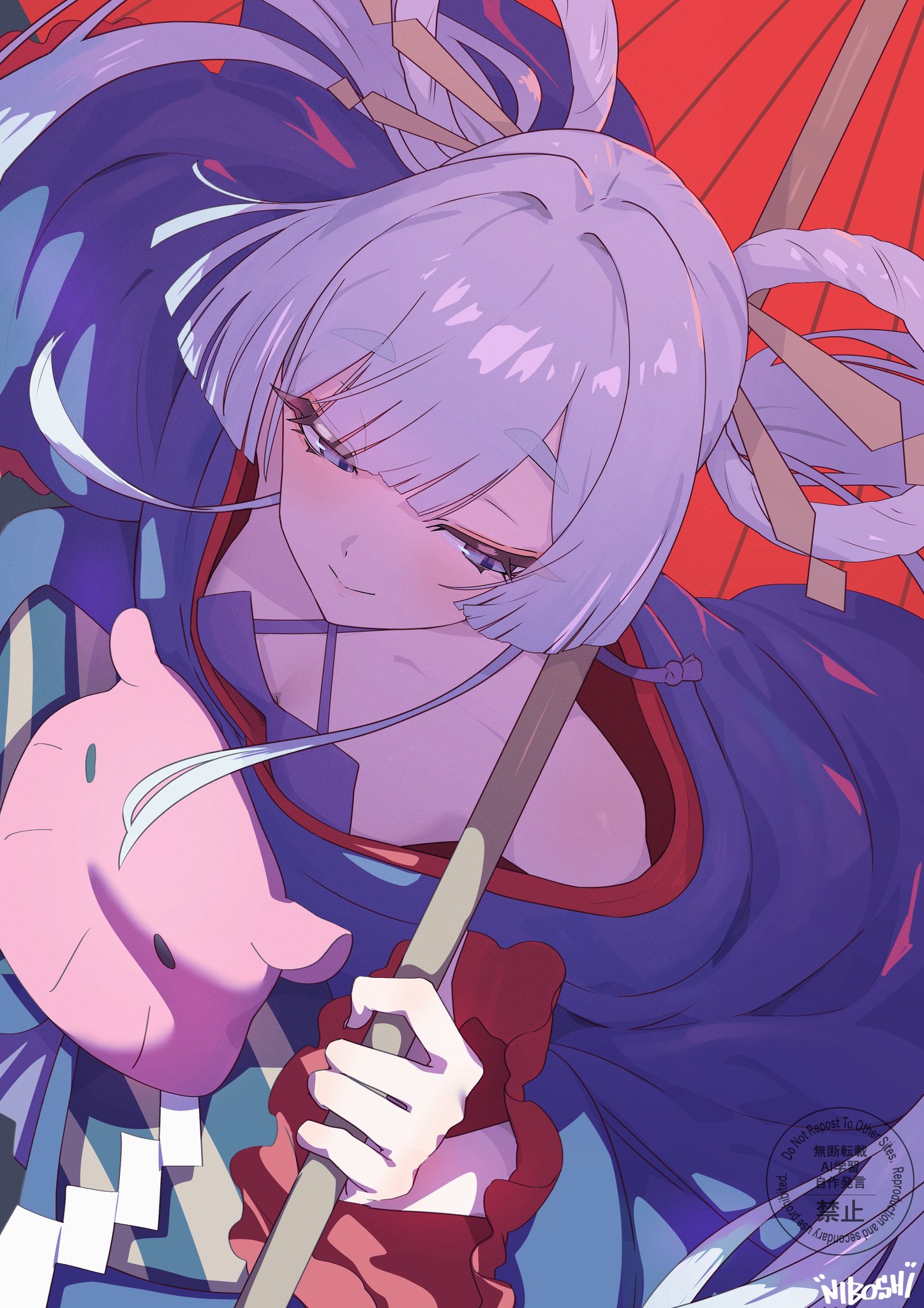 niboshidrip, runami yachiyo, chou kaguya-hime!, commentary request, highres, 1girl, artist name, bare shoulders, blue eyes, blunt bangs, breasts, cleavage, closed mouth, frilled sleeves, frills, from above, grey hair, hair ornament, hair rings, hair stick, half-closed eyes, holding, holding umbrella, japanese clothes, kimono, long hair, long sleeves, looking down, octopus, oil-paper umbrella, red umbrella, smile, solo, twintails, umbrella