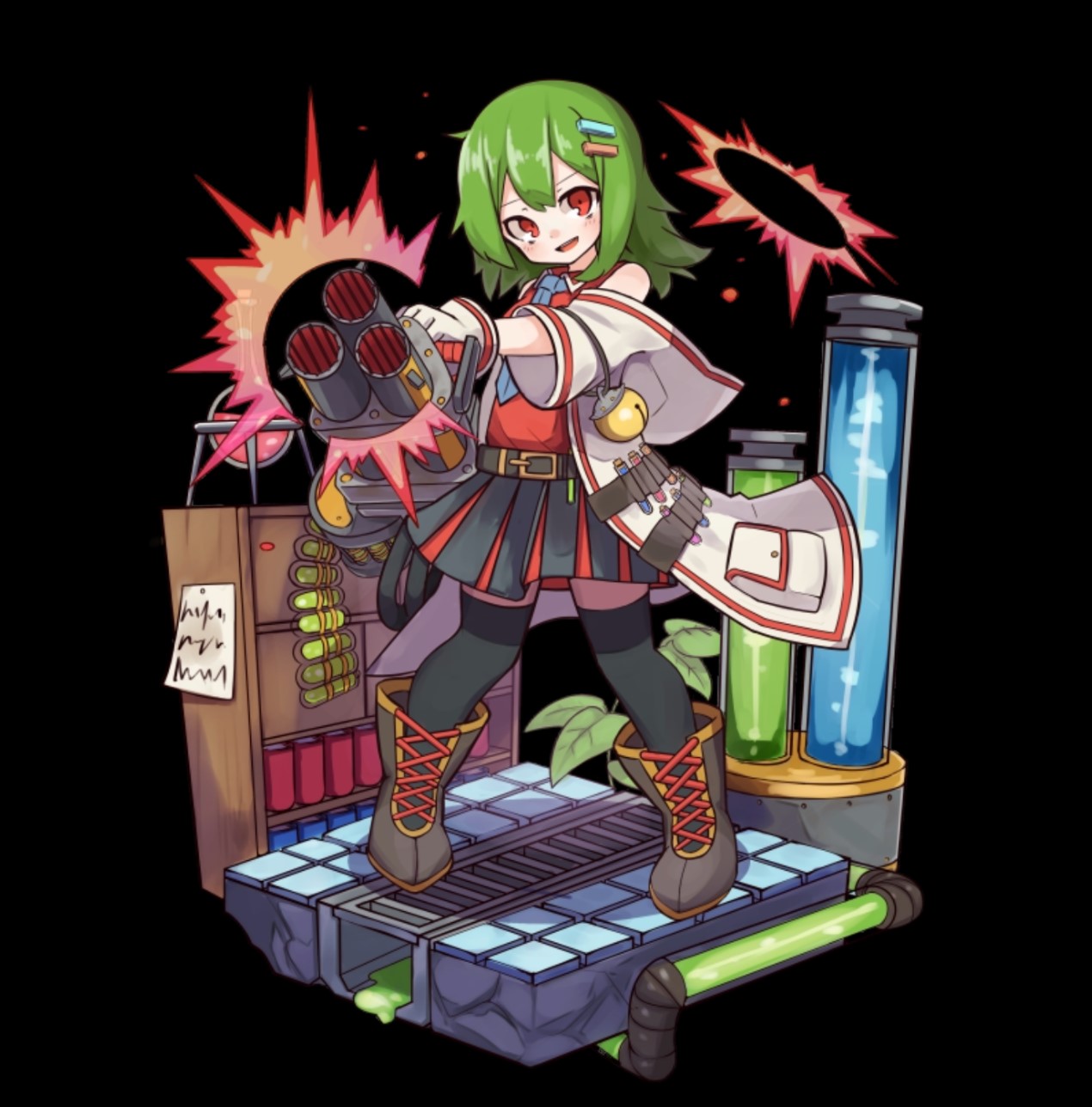 merc storia art team, merc storia, highres, official art, 1girl, black background, black thighhighs, blue necktie, boots, cay (merc storia), coat, collared shirt, firing, full body, gatling gun, green hair, grey boots, gun, hair between eyes, hair ornament, hairclip, holding, holding gun, holding weapon, leaf, long hair, miniskirt, necktie, open clothes, open coat, open mouth, pleated skirt, red eyes, red shirt, shelf, shirt, sidelocks, simple background, skirt, smile, solo, standing, tachi-e, thighhighs, tile floor, tiles, weapon, white coat
