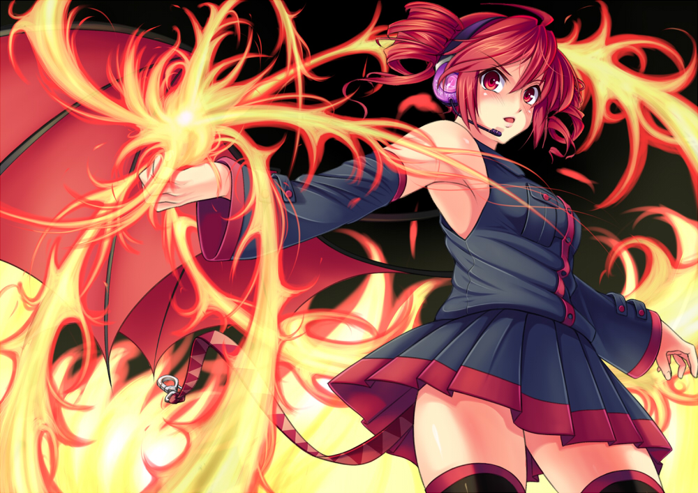 fujimori mikan, kasane teto, kasane teto (utau), utau, vocaloid, bad id, bad pixiv id, 1girl, armpits, bare shoulders, blush, detached sleeves, drill hair, female focus, fire, headphones, headset, pyrokinesis, red eyes, red hair, skirt, solo, thighhighs, twin drills, twintails, wings, zettai ryouiki