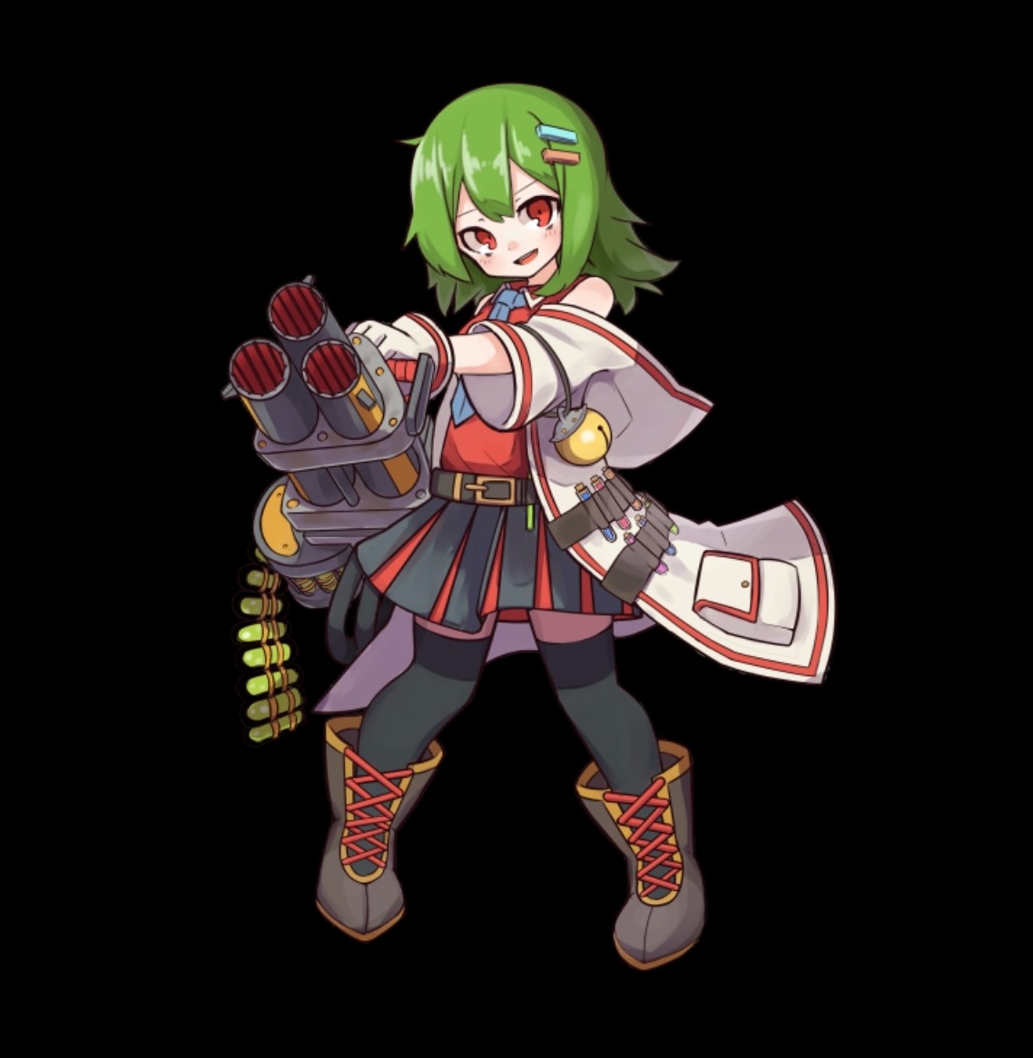 merc storia art team, merc storia, official art, 1girl, black background, black thighhighs, blue necktie, boots, cay (merc storia), coat, collared shirt, full body, gatling gun, green hair, grey boots, gun, hair between eyes, hair ornament, hairclip, holding, holding gun, holding weapon, long hair, miniskirt, necktie, open clothes, open coat, open mouth, pleated skirt, red eyes, red shirt, shirt, sidelocks, simple background, skirt, smile, solo, standing, tachi-e, thighhighs, weapon, white coat