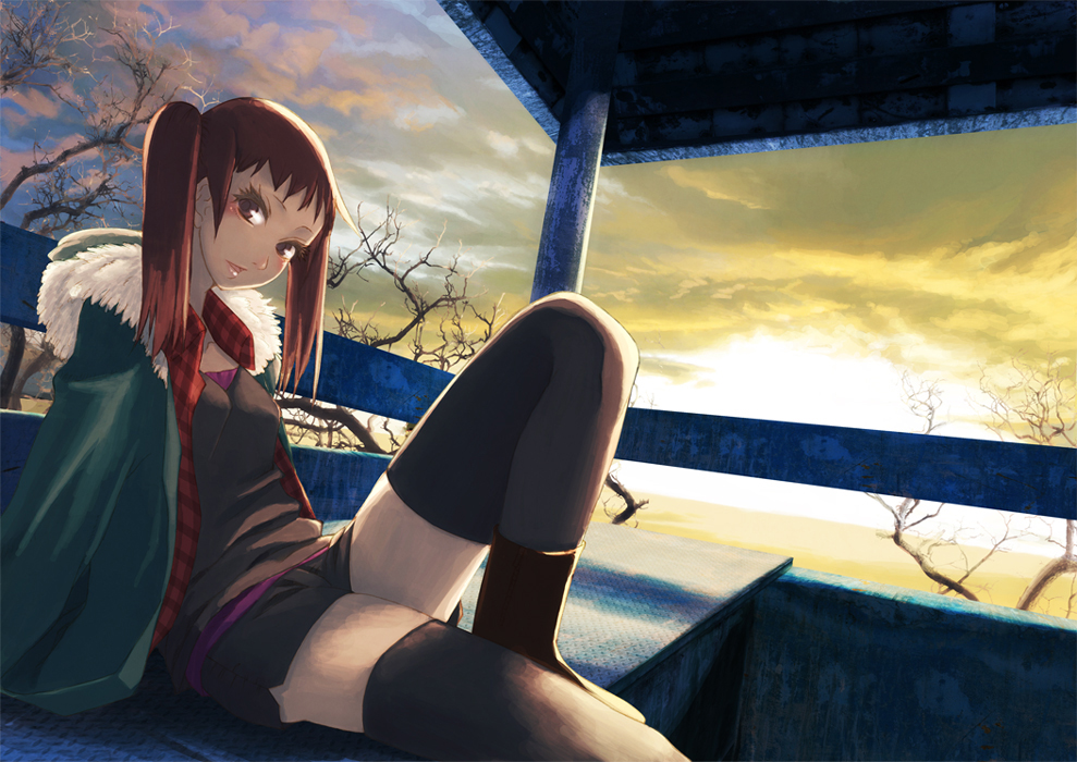 pepe (pepe's hp), original, brown eyes, brown hair, coat, legs, lips, sitting, solo, sunset, thighhighs, twintails