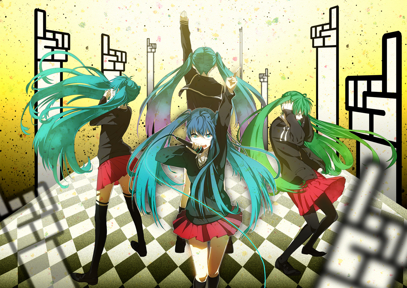 shio konbu, hatsune miku, rolling girl (vocaloid), vocaloid, artist request, bad id, bad pixiv id, 4girls, aqua eyes, aqua hair, bandaid, checkered floor, clone, closed eyes, floor, green hair, legs, microphone, multiple girls, pantyhose, pointing, school uniform, skirt, socks, thighhighs, twintails, vanishing point, zettai ryouiki