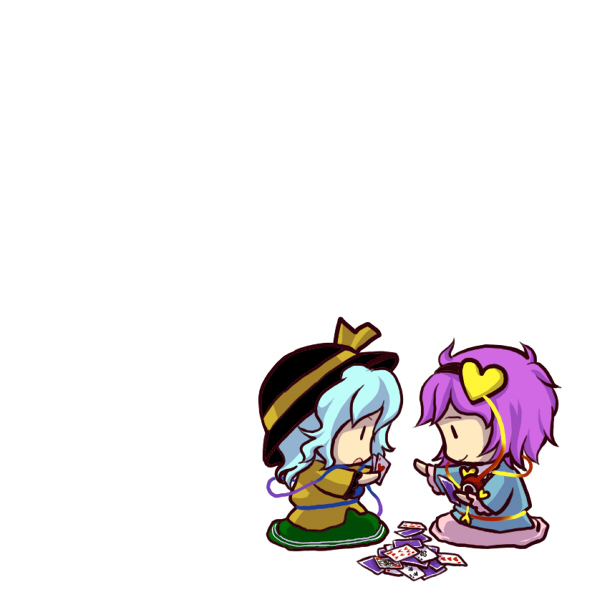 socha, komeiji koishi, komeiji satori, touhou, 2girls, ace (playing card), ace of clubs, ace of hearts, card, chibi, club (shape), family bonding, female focus, heart, holding, holding card, multiple girls, playing card, purple hair, siblings, simple background, sisters