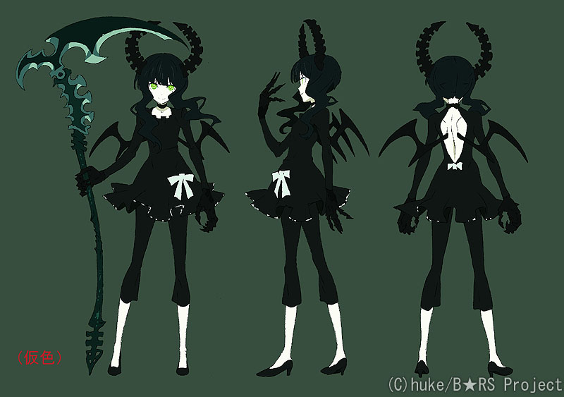 huke, matsuo yuusuke, dead master, black rock shooter, concept art, 10s, 1girl, black dress, black hair, black leggings, character profile, curly hair, demon, demon wings, dress, green eyes, horns, leggings, long hair, multiple views, production art, ribbon, scythe, turnaround, wings
