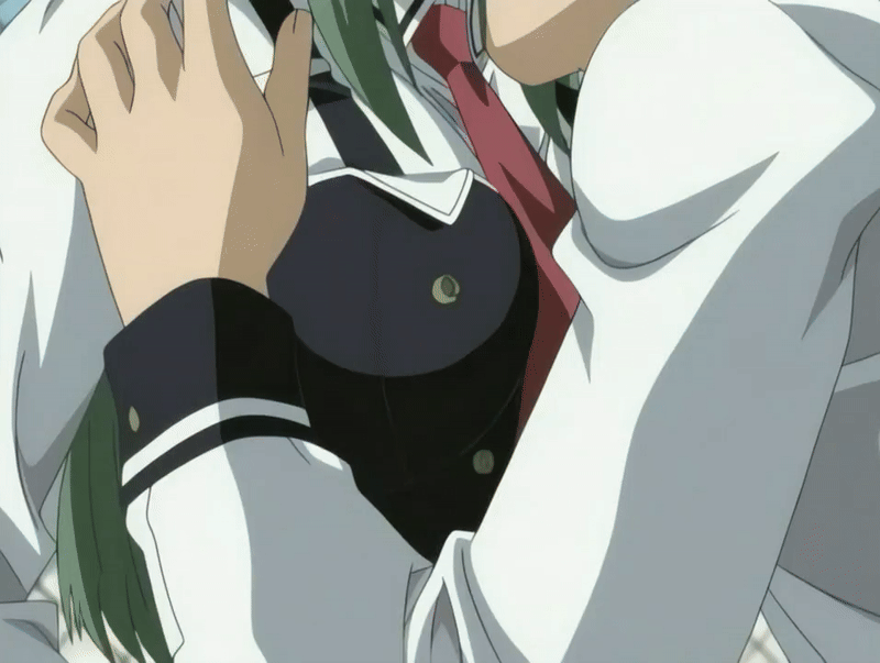 ito mika, bible black, bible black only, animated, animated gif, tagme, 00s, 1girl, 2005, bouncing breasts, breasts, clothes pull, grabbing another's breast, green hair, groping, groping breast, large breasts, long hair, necktie, open clothes, opening another's clothes, outdoors, school, school roof, school rooftop, school uniform, sunset