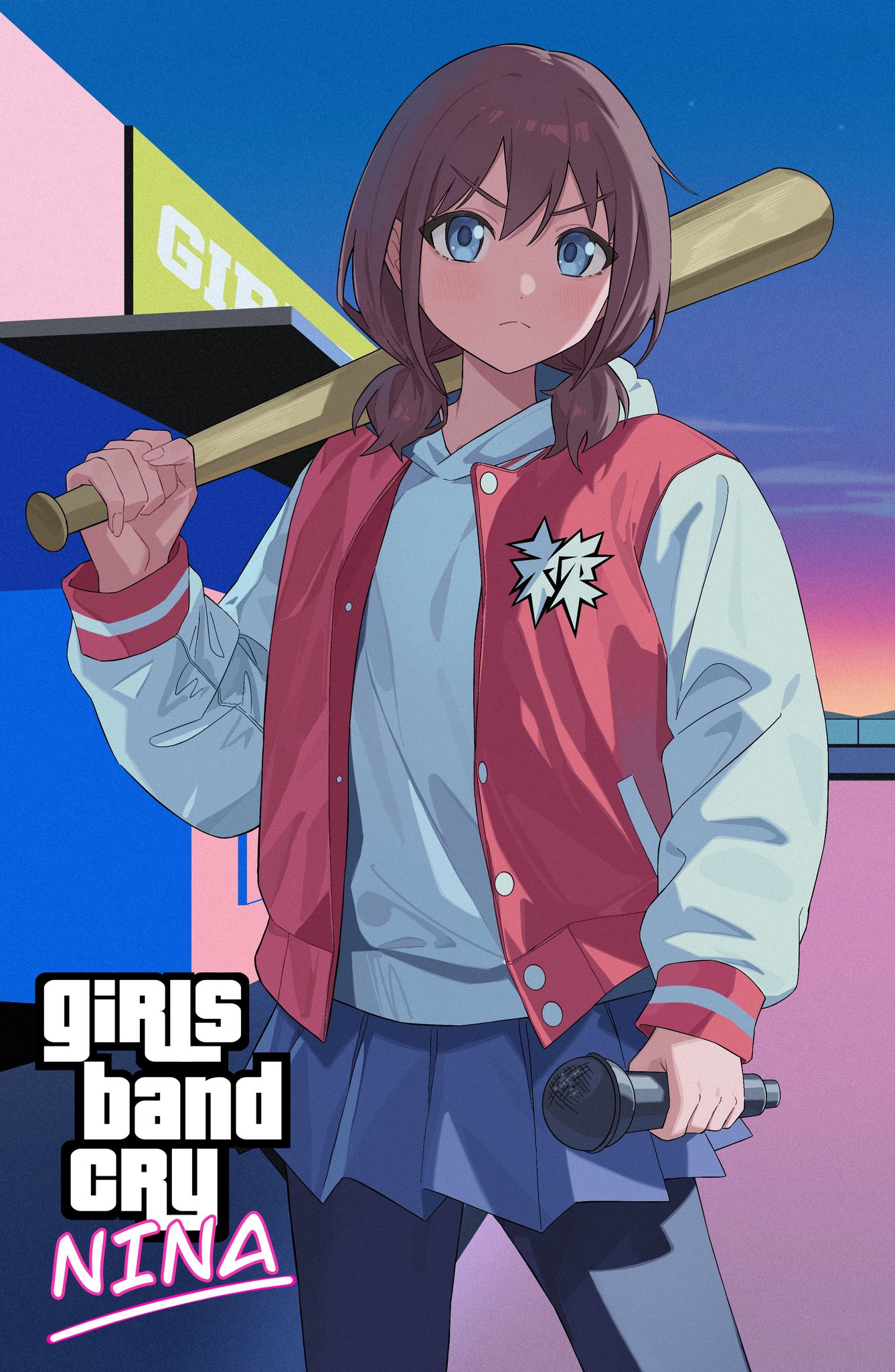 fromgod jungle, iseri nina, girls band cry, grand theft auto, grand theft auto v, commentary, highres, symbol-only commentary, 1girl, baseball bat, black pantyhose, blue eyes, blue skirt, brown hair, holding, holding baseball bat, holding microphone, hood, hoodie, jacket, low twintails, microphone, open clothes, open jacket, pantyhose, pleated skirt, red jacket, short hair, short twintails, skirt, solo, twintails, white hoodie