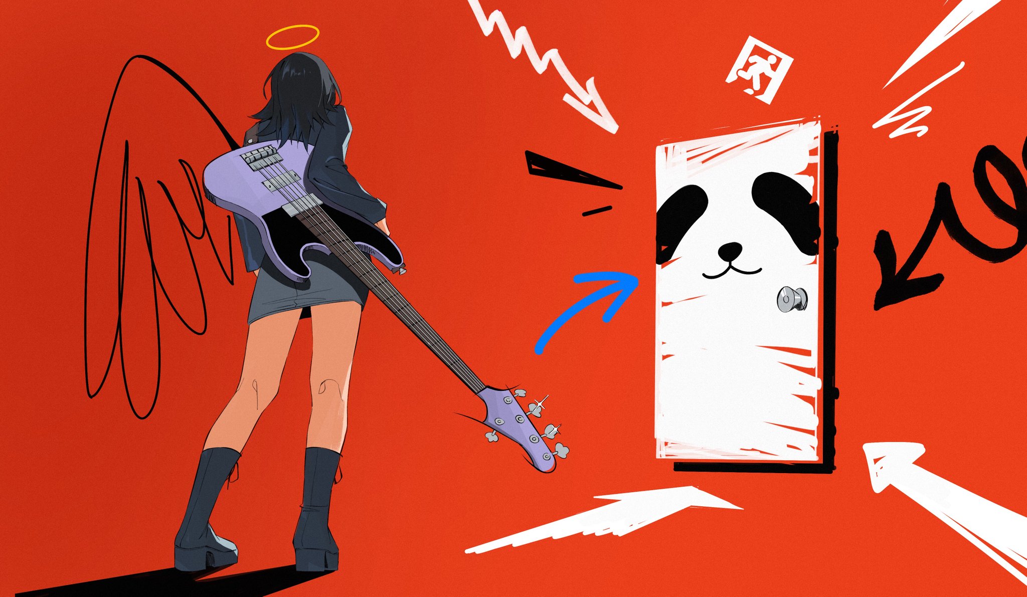 fromgod jungle, yahata umiri, bang dream!, bang dream! it's mygo!!!!!, commentary, highres, symbol-only commentary, 1girl, 5-string bass guitar, bass guitar, black boots, black hair, black jacket, boots, door, drawn wings, extended range bass guitar, grey skirt, halo, instrument, instrument on back, jacket, long sleeves, medium hair, platform boots, red background, skirt, solo