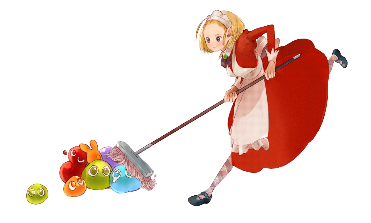 menokurage, kikimora (monster monster), kikimora (puyopuyo), puyo (puyopuyo), madou monogatari, puyopuyo, plaid, bad id, bad pixiv id, 1girl, apron, blonde hair, blue eyes, broom, female focus, maid, maid apron, maid headdress, pantyhose, short hair, slime (creature), solo, teardrop