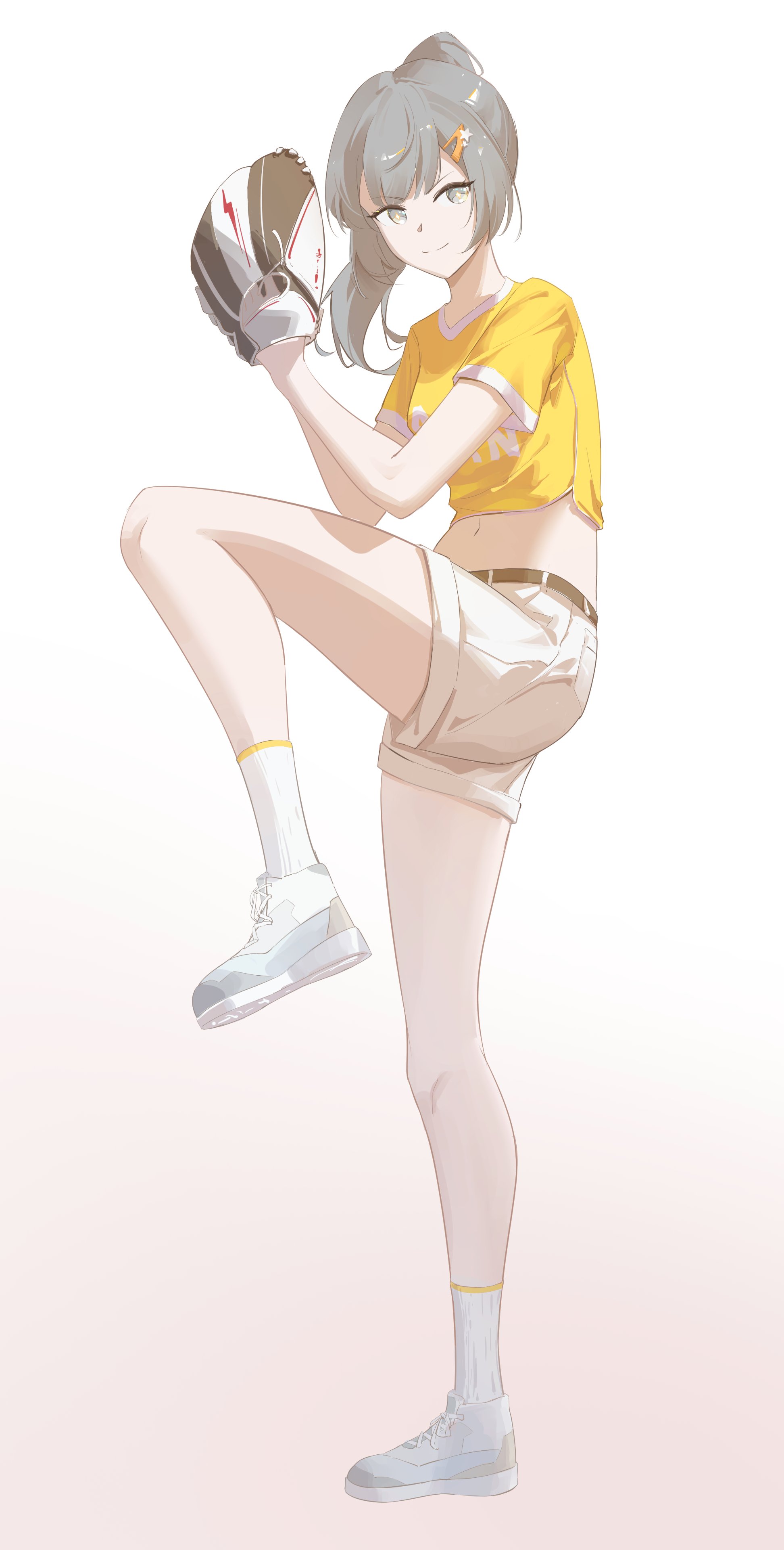 yume 3327, nanami (pgr), punishing: gray raven, absurdres, commentary, english commentary, highres, 1girl, alternate costume, baseball glove, belt, black belt, closed mouth, clothes writing, cropped shirt, from side, full body, gradient background, grey eyes, grey hair, hair ornament, leg up, medium hair, midriff, navel, pitching, ponytail, shirt, shoes, short sleeves, shorts, smile, sneakers, socks, solo, standing, standing on one leg, star-shaped pupils, star (symbol), symbol-shaped pupils, turning head, white background, white shoes, white shorts, white socks, yellow shirt