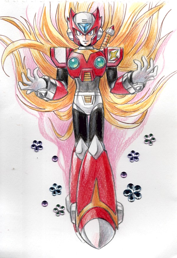 hijiriiyaa, zero (mega man), mega man (series), mega man x (series), hashtag-only commentary, krita (medium), traditional media, 1boy, android, armor, aura, blonde hair, chest jewel, floating hair, forehead jewel, full body, helmet, long hair, male focus, red armor, red helmet, simple background, solo, white background