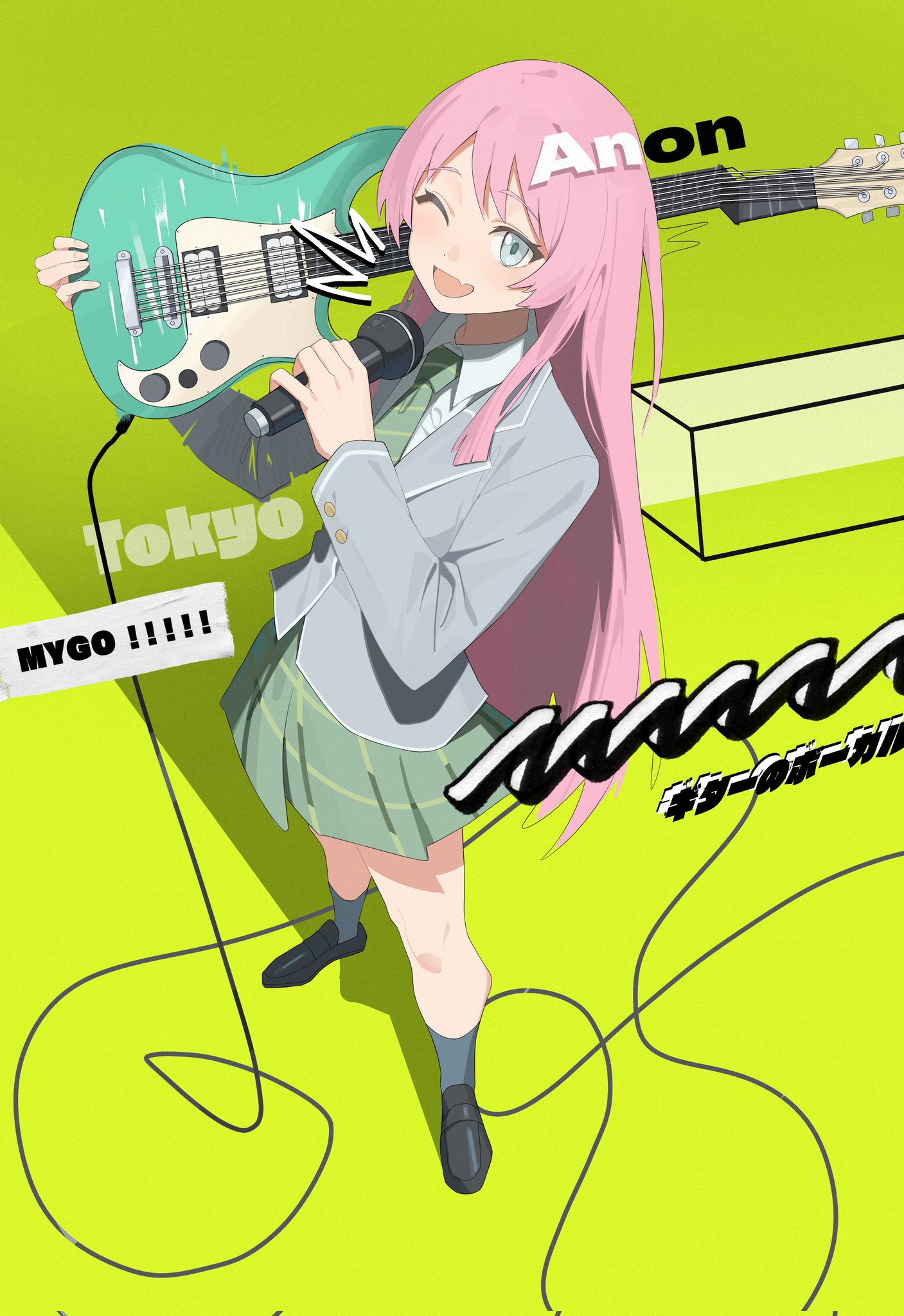 fromgod jungle, chihaya anon, bang dream!, bang dream! it's mygo!!!!!, commentary, highres, symbol-only commentary, 1girl, anon tokyo (bang dream!), black shoes, cable, diagonal-striped clothes, diagonal-striped necktie, electric guitar, fang, green background, green necktie, green skirt, grey eyes, grey jacket, grey socks, guitar, haneoka school uniform, holding, holding guitar, holding instrument, holding microphone, instrument, jacket, long hair, long sleeves, microphone, necktie, open mouth, pink hair, pleated skirt, school uniform, shoes, simple background, skin fang, skirt, socks, solo, striped clothes