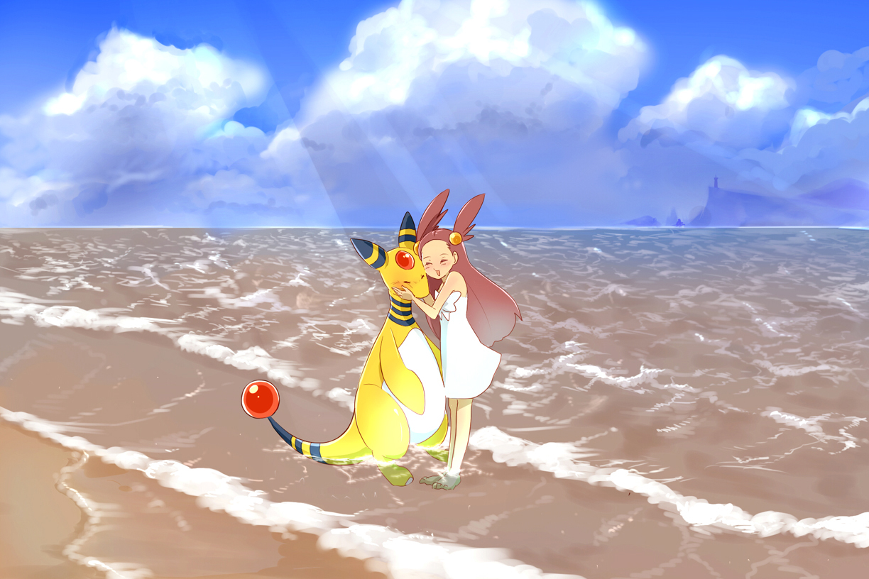 menokurage, ampharos, jasmine (pokemon), nintendo, pokemon, pokemon gsc, bad id, bad pixiv id, 1990s (style), 1girl, ^ ^, barefoot, beach, brown hair, closed eyes, cloud, day, dress, gen 2 pokemon, gym leader, happy, hug, light rays, long hair, ocean, outdoors, pokemon (creature), retro artstyle, sky, sunbeam, sundress, sunlight, twintails, two side up, wading, water, waves
