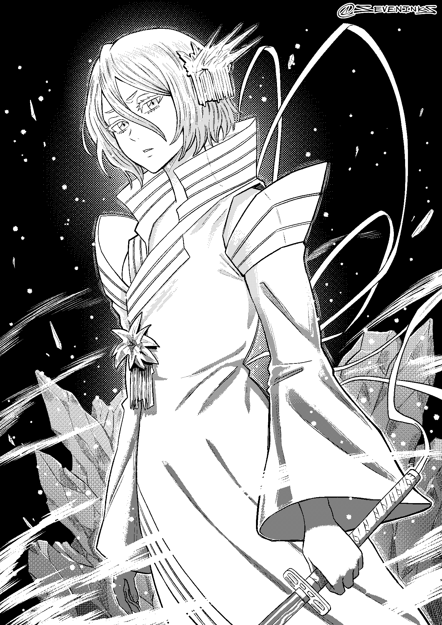 seveninks, kuchiki rukia, bleach, bleach: sennen kessen-hen, commentary, highres, 1girl, cowboy shot, detached sleeves, dress, greyscale, hair between eyes, hakka no togame (bankai), holding, holding sword, holding weapon, ice, long dress, looking at viewer, monochrome, profile, short hair, side slit, solo, sword, twitter username, weapon, wide sleeves, wind