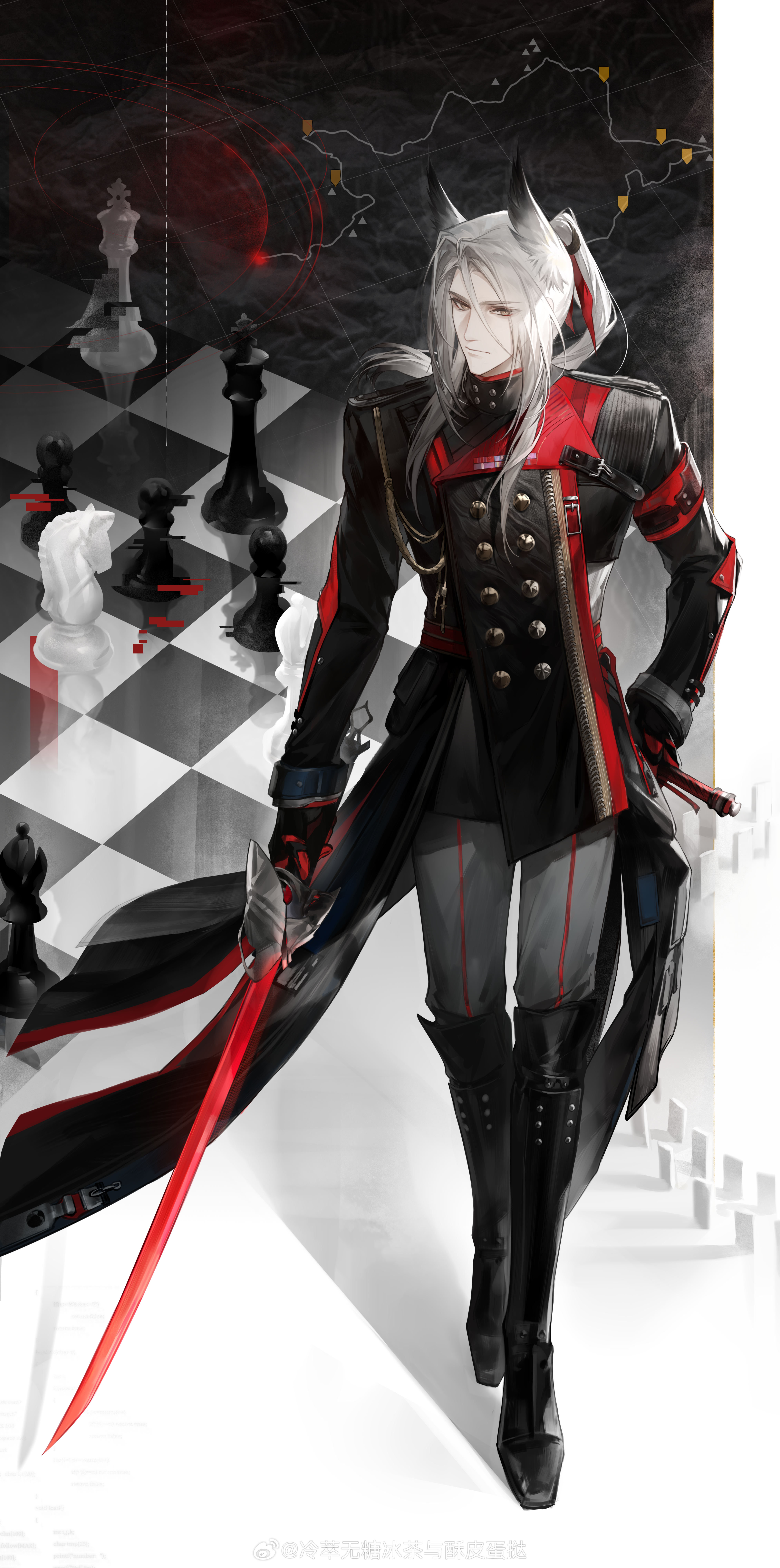 arknights, arknights: endfield, absurdres, chinese commentary, commentary request, highres, animal ears, bishop (chess), black jacket, board game, checkered floor, chess, chess piece, chessboard, jacket, king (chess), knight (chess), long hair, pawn (chess), pogranichnik (arknights), solo, tail