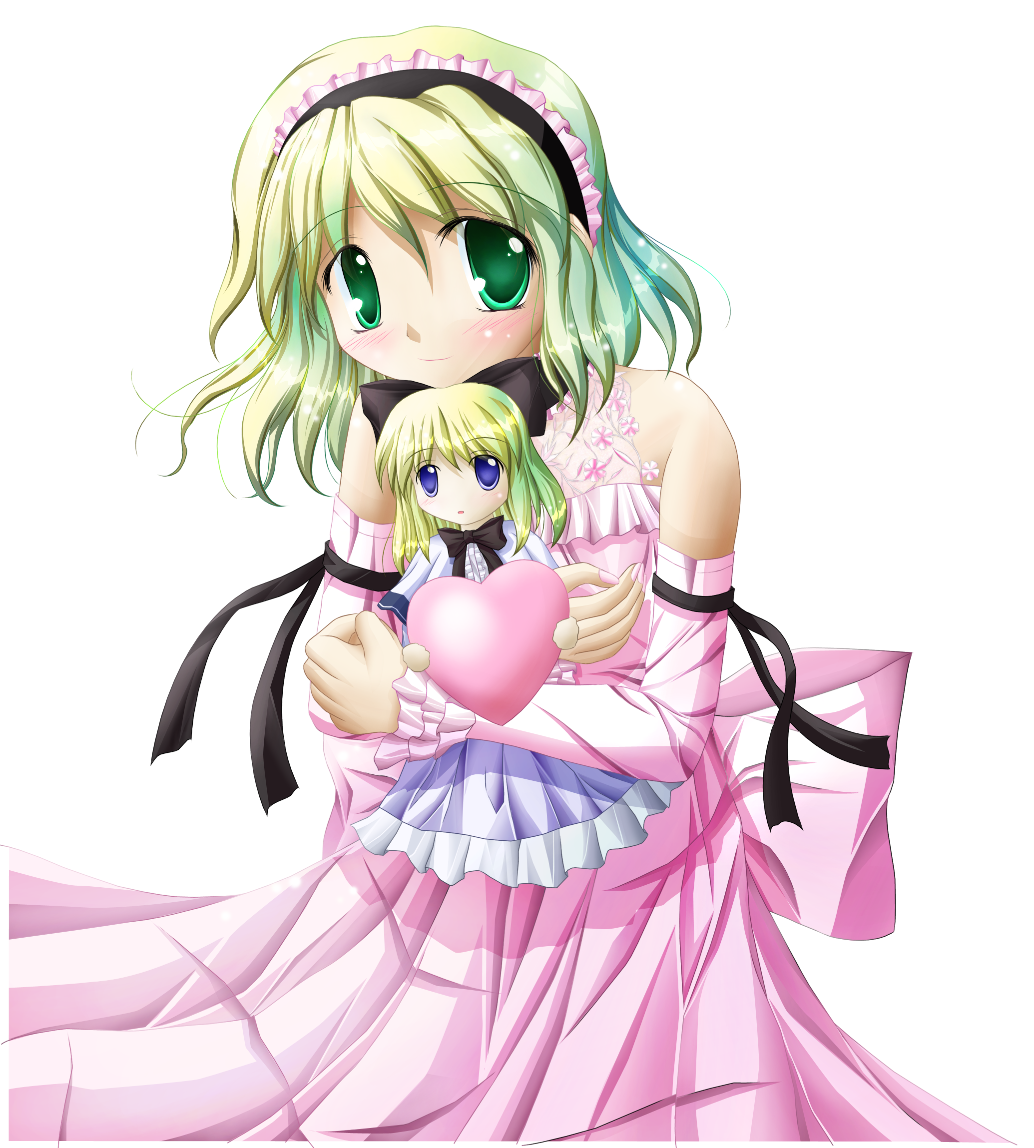 alice margatroid, shanghai doll, touhou, highres, 1girl, blonde hair, blush, doll, dress, elbow gloves, female focus, gloves, green eyes, heart, hug, hugging doll, hugging object, short hair, solo
