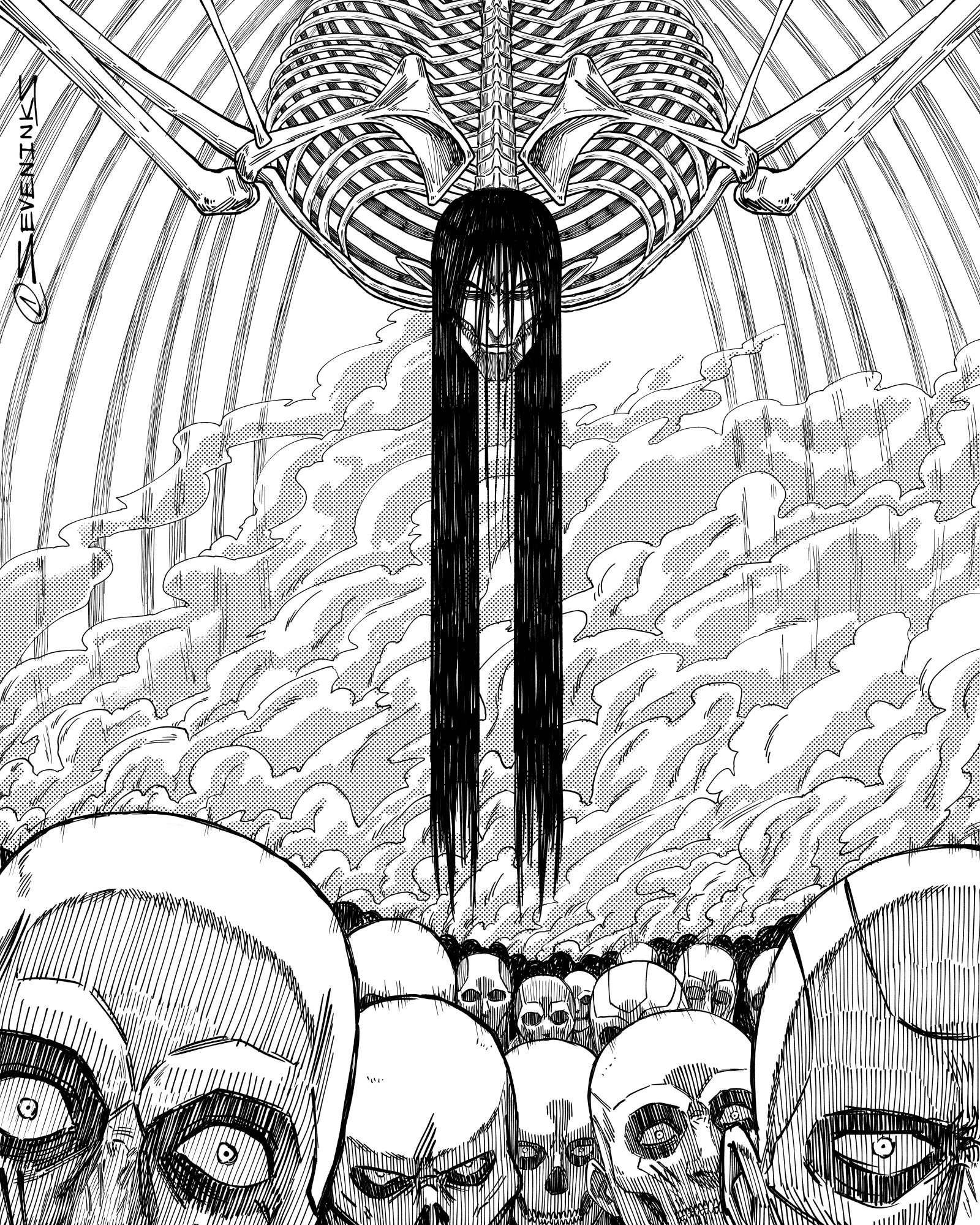 seveninks, colossal titan, eren yeager, founding titan, titan (shingeki no kyojin), shingeki no kyojin, commentary, highres, 1boy, 6+others, evil smile, greyscale, hatching (texture), linear hatching, long hair, monochrome, multiple others, pointy ears, ribs, smile, smoke