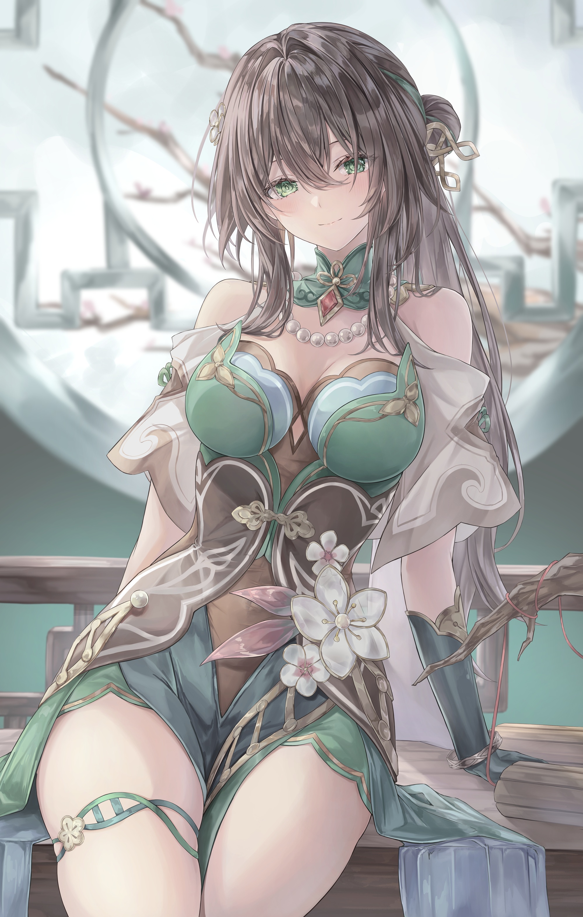 mizuasagi35181, ruan mei (honkai: star rail), honkai: star rail, honkai (series), absurdres, commentary request, highres, 1girl, bare shoulders, bead necklace, beads, breasts, brown hair, capelet, chinese clothes, clothing cutout, dna, dress, gloves, green dress, green eyes, green gloves, jewelry, large breasts, long hair, necklace, shoulder cutout, sitting, smile, solo, white capelet
