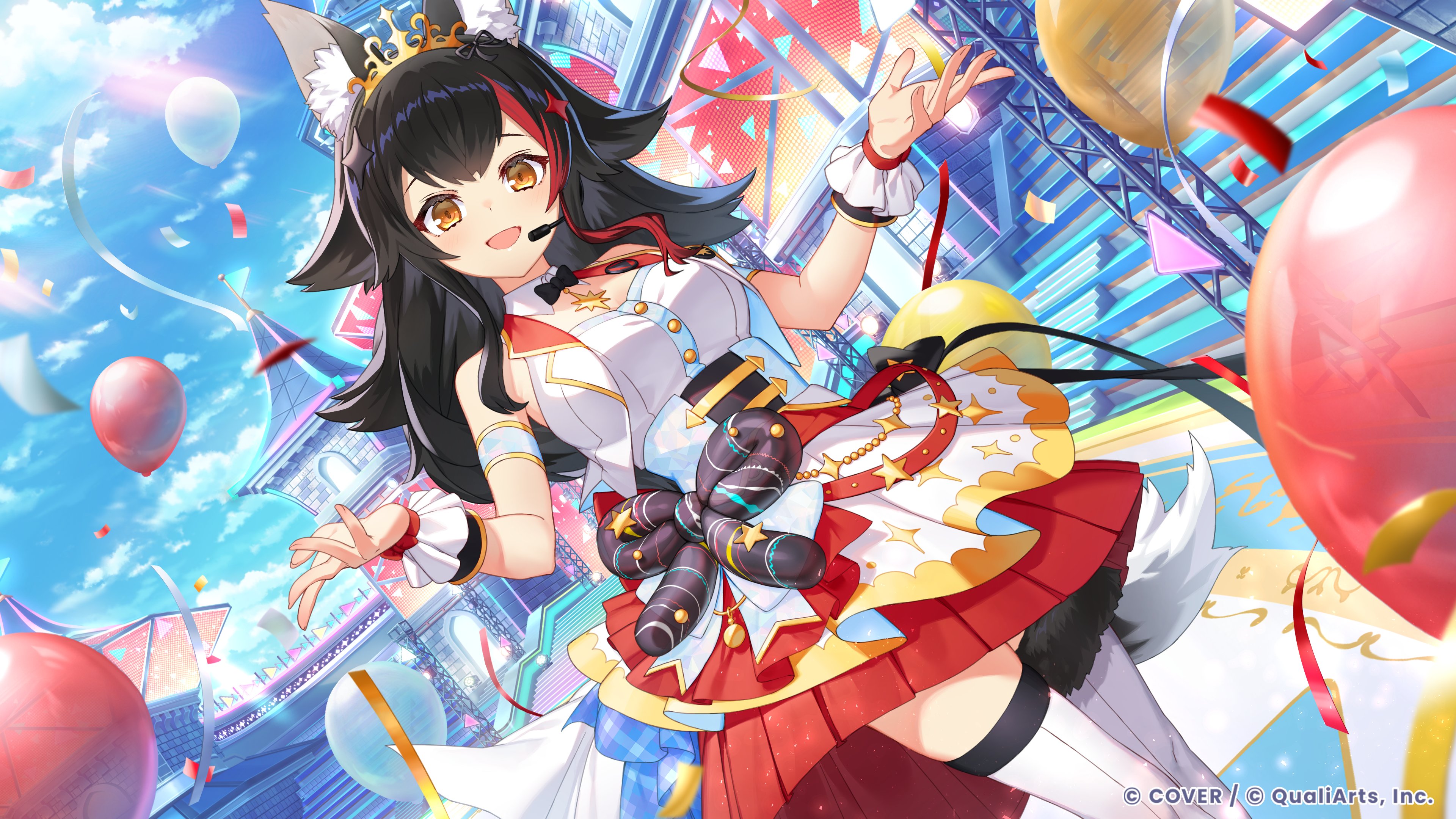 ookami mio, hololive, absurdres, commentary request, highres, official art, 1girl, :d, animal ears, balloon, black bow, black bowtie, black hair, black tail, blue corset, blue sky, bow, bowtie, cloud, concert, confetti, copyright name, corset, day, detached collar, double-parted bangs, dress, flipped hair, gold tiara, hair between eyes, headset, hololive dreams, long hair, looking at viewer, official alternate costume, open mouth, outdoors, pleated skirt, red skirt, red streaks, sidelocks, single hair streak, skirt, skirt under dress, sky, sleeveless, sleeveless dress, smile, solo, spiked hair, tail, tail around own leg, thighhighs, very long hair, vest, virtual youtuber, white dress, white thighhighs, white vest, wolf ears, wolf girl, wolf tail, wrist cuffs, yellow eyes
