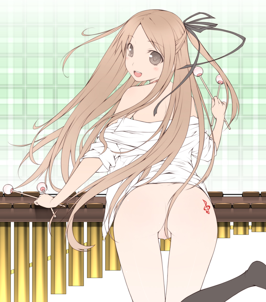 ooji, original, highres, 1girl, ass, bottomless, brown eyes, brown hair, censored, convenient censoring, female focus, instrument, long hair, looking back, marimba, naked shirt, no panties, shirt, solo, treble clef, very long hair, xylophone