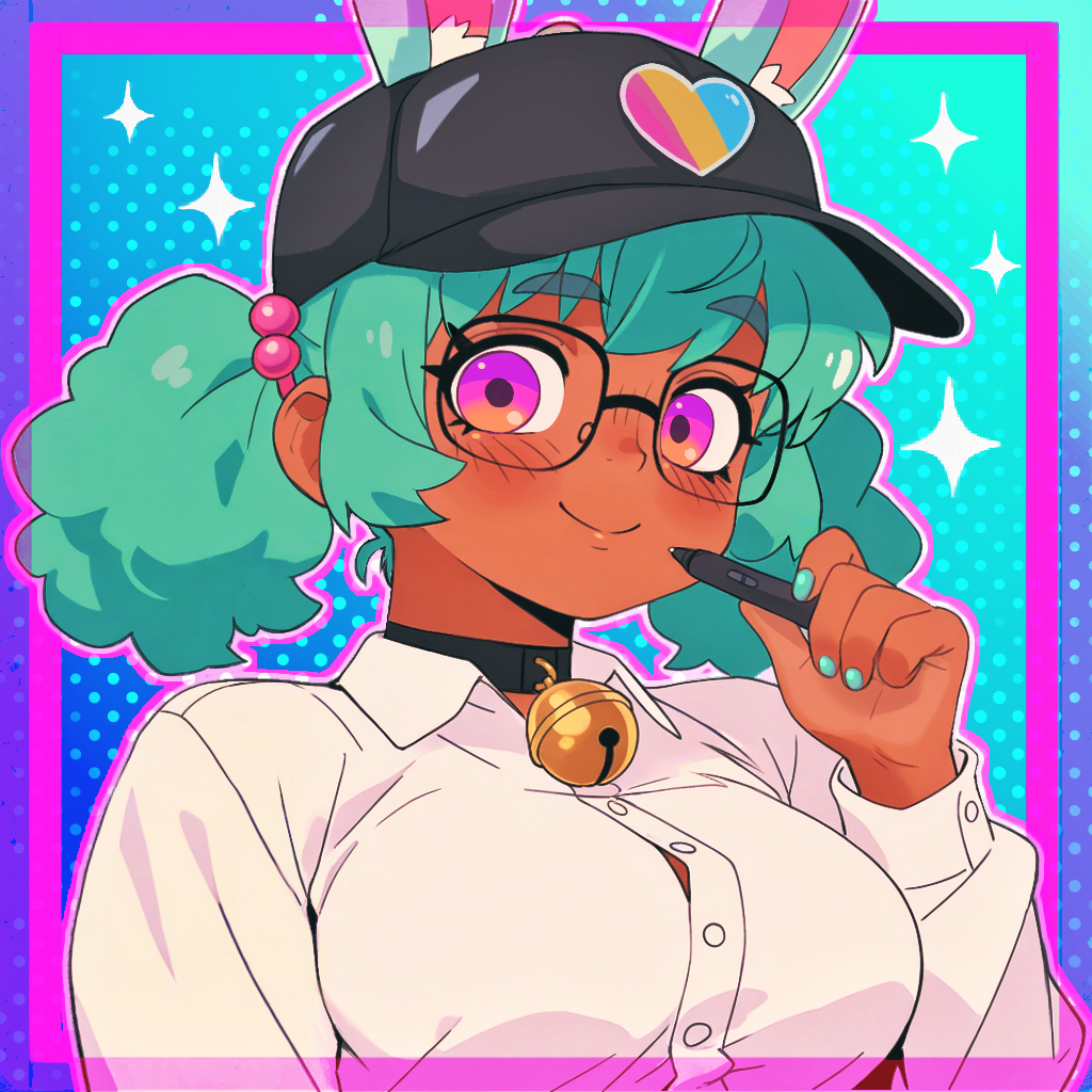 caffichai, original, commentary, english commentary, 1girl, animal ear fluff, animal ears, aqua hair, bell, blush, border, buttons, closed mouth, collar, dark skin, ears through headwear, glasses, hat, heart, holding, holding stylus, long sleeves, looking at viewer, neck bell, outline, pink border, pink eyes, pink outline, polka dot, polka dot background, shirt, solo, stylus, white shirt, wing collar