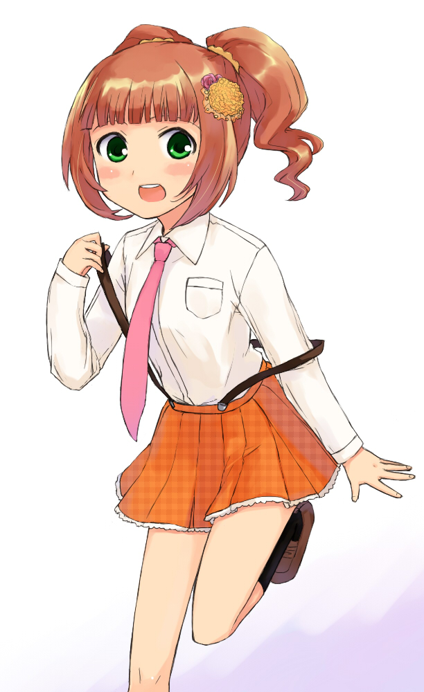 himetsuba, takatsuki yayoi, idolmaster, idolmaster (classic), md5 mismatch, resolution mismatch, source smaller, 1girl, brown hair, female focus, green eyes, open mouth, smile, solo