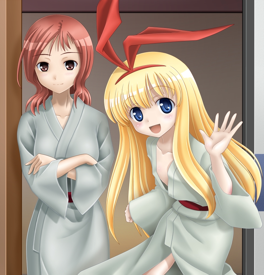 mushoku no hourousha, amae koromo, takei hisa, saki (manga), animal ears, blonde hair, blue eyes, blush, brown eyes, crossed arms, flat chest, hairband, japanese clothes, kimono, long hair, rabbit ears, red hair, ribbon, short hair, smile, yukata