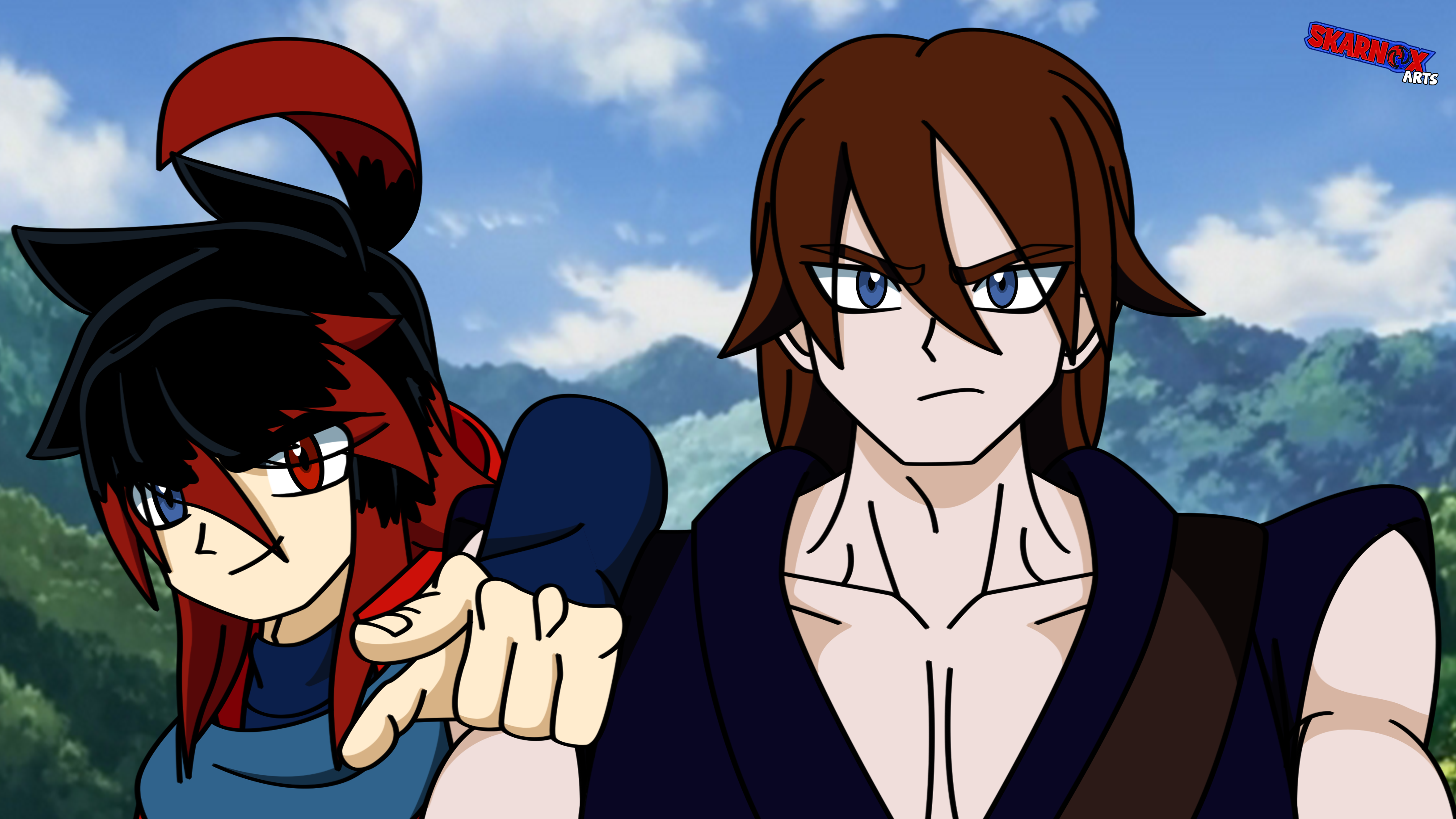 original, absurdres, highres, non-web source, black hair, blue eyes, forest, male focus, nature, ninja, red eyes, red hair, skarnox bravehart