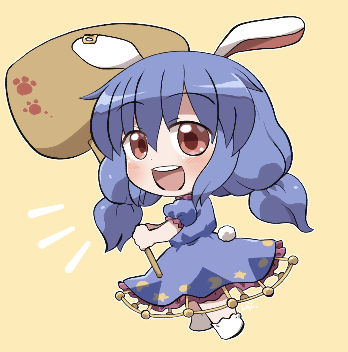 rokugou daisuke, seiran (touhou), touhou, commentary request, 1girl, :d, animal ears, blue dress, blue hair, blush, chibi, chibi only, crescent print, dot nose, dress, frilled dress, frilled sleeves, frills, full body, hair between eyes, holding, holding mallet, long hair, low twintails, mallet, notice lines, open mouth, outline, print dress, rabbit ears, rabbit girl, rabbit tail, red eyes, short sleeves, signature, simple background, smile, solo, standing, star (symbol), star print, tail, twintails, white outline, yellow background