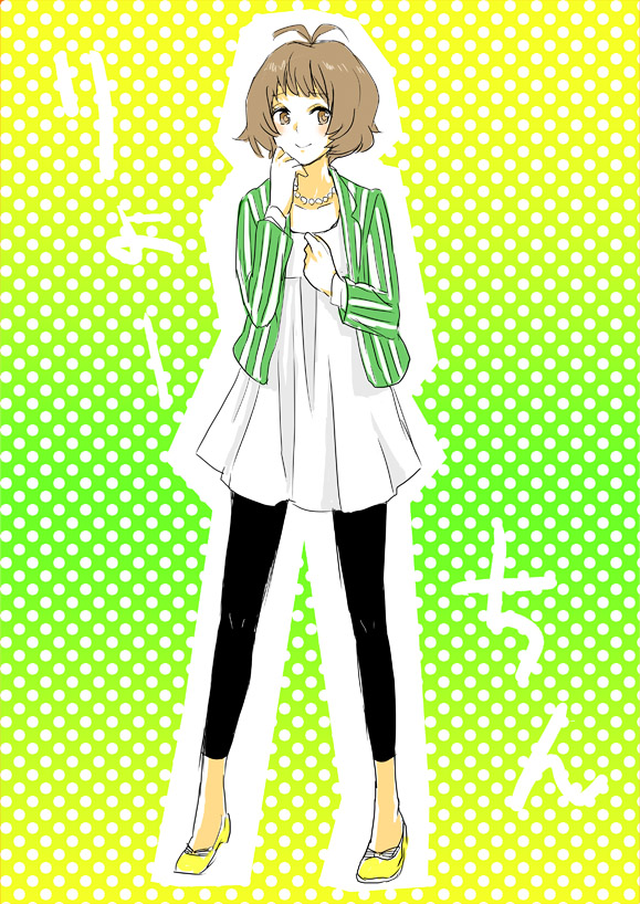 nandaba, sinnyan, akizuki ryo, idolmaster, idolmaster dearly stars, 00s, 1boy, antenna hair, blush, brown eyes, brown hair, crossdressing, crossdressing (mtf), jewelry, male focus, necklace, short hair, smile, solo, trap