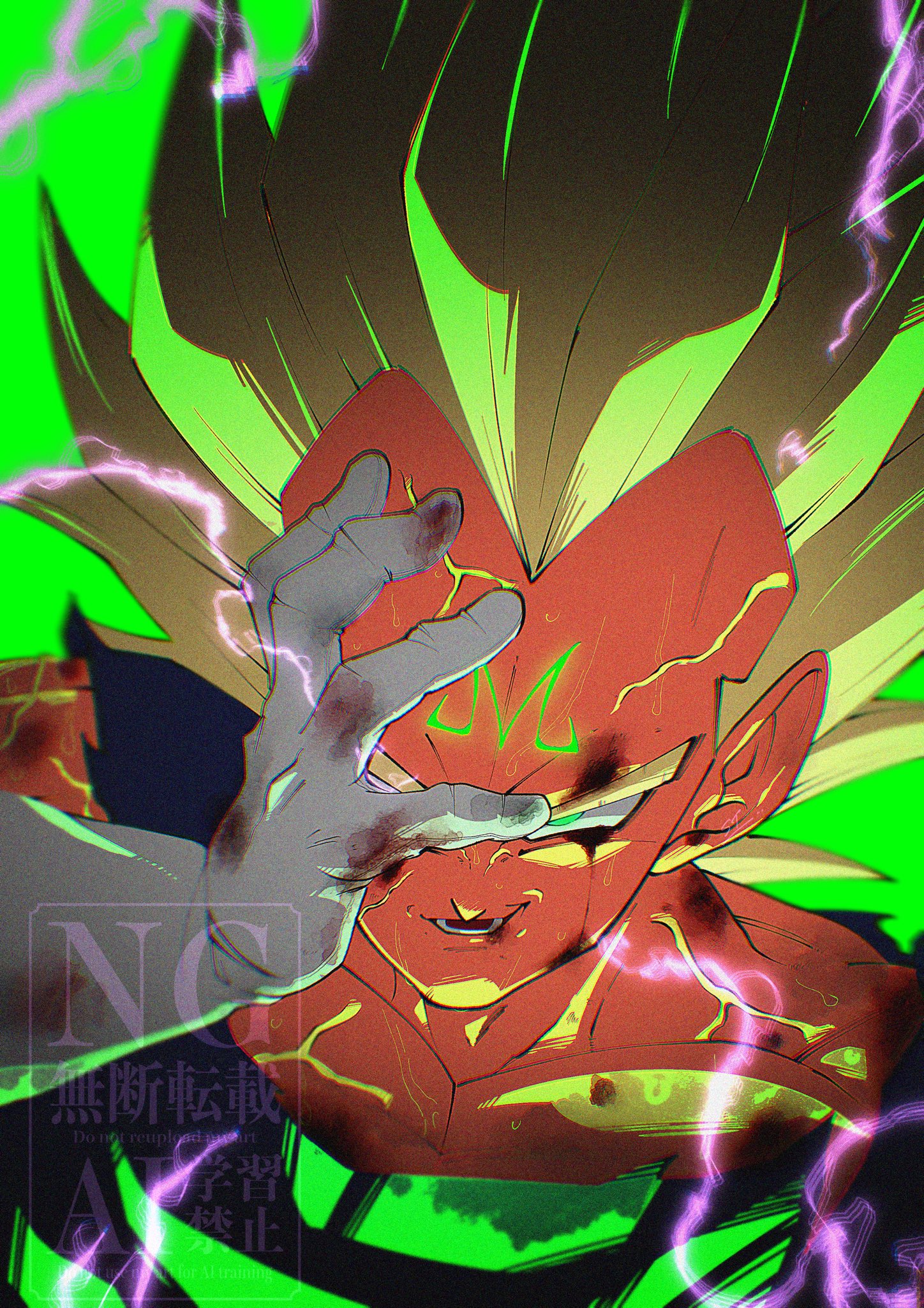 stktik09060906, majin vegeta, vegeta, dragon ball, dragonball z, commentary request, highres, 1boy, blue bodysuit, bodysuit, electricity, facial mark, forehead mark, gloves, glowing, glowing eyes, green background, green eyes, male focus, medium hair, muscular, muscular male, simple background, smirk, solo, spiked hair, super saiyan, super saiyan 2, upper body, white gloves