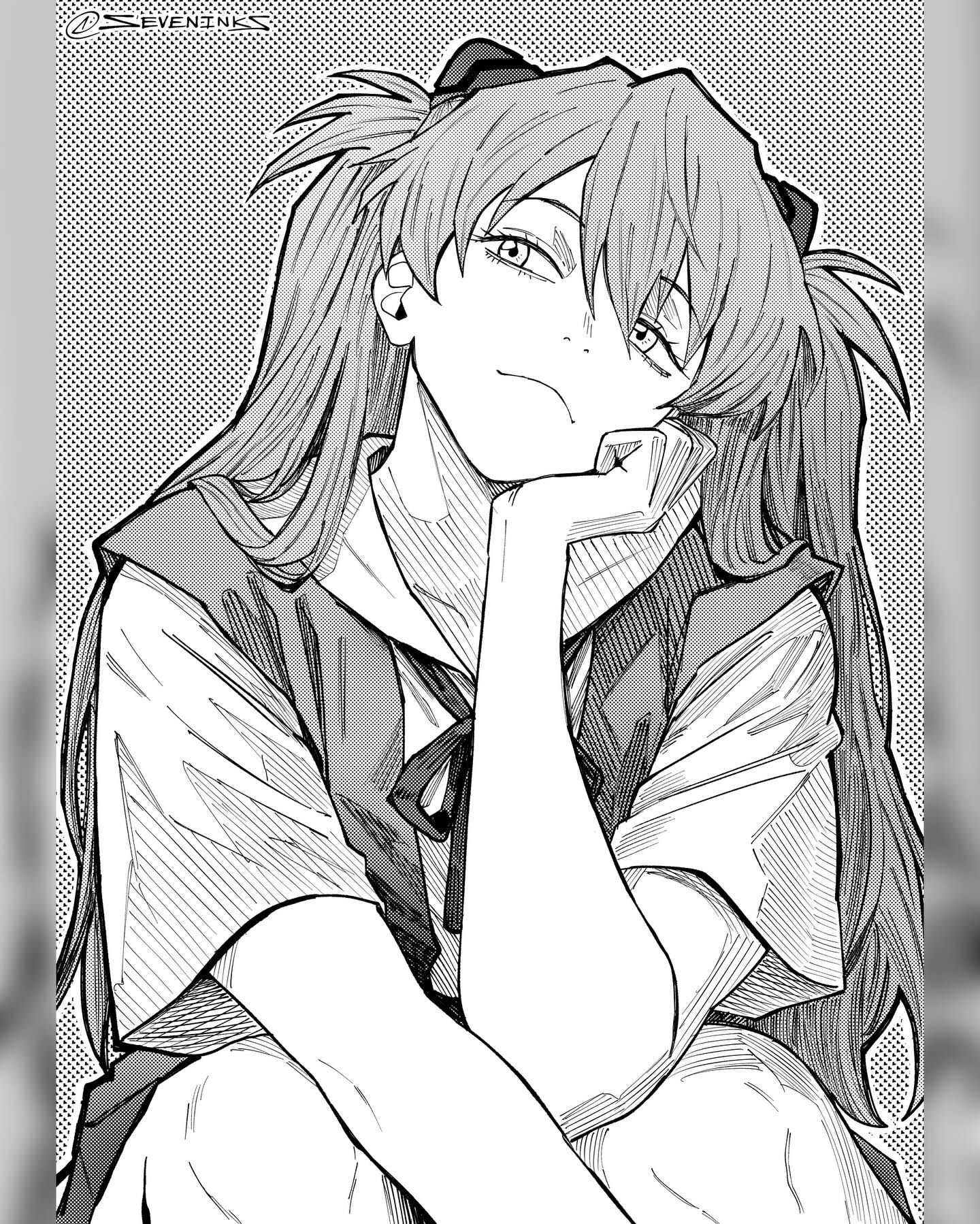 seveninks, souryuu asuka langley, neon genesis evangelion, commentary, highres, 1girl, greyscale, hatching (texture), head rest, head tilt, interface headset (evangelion), linear hatching, monochrome, pillarboxed, school uniform, sitting, solo, tokyo-3 middle school uniform, two side up