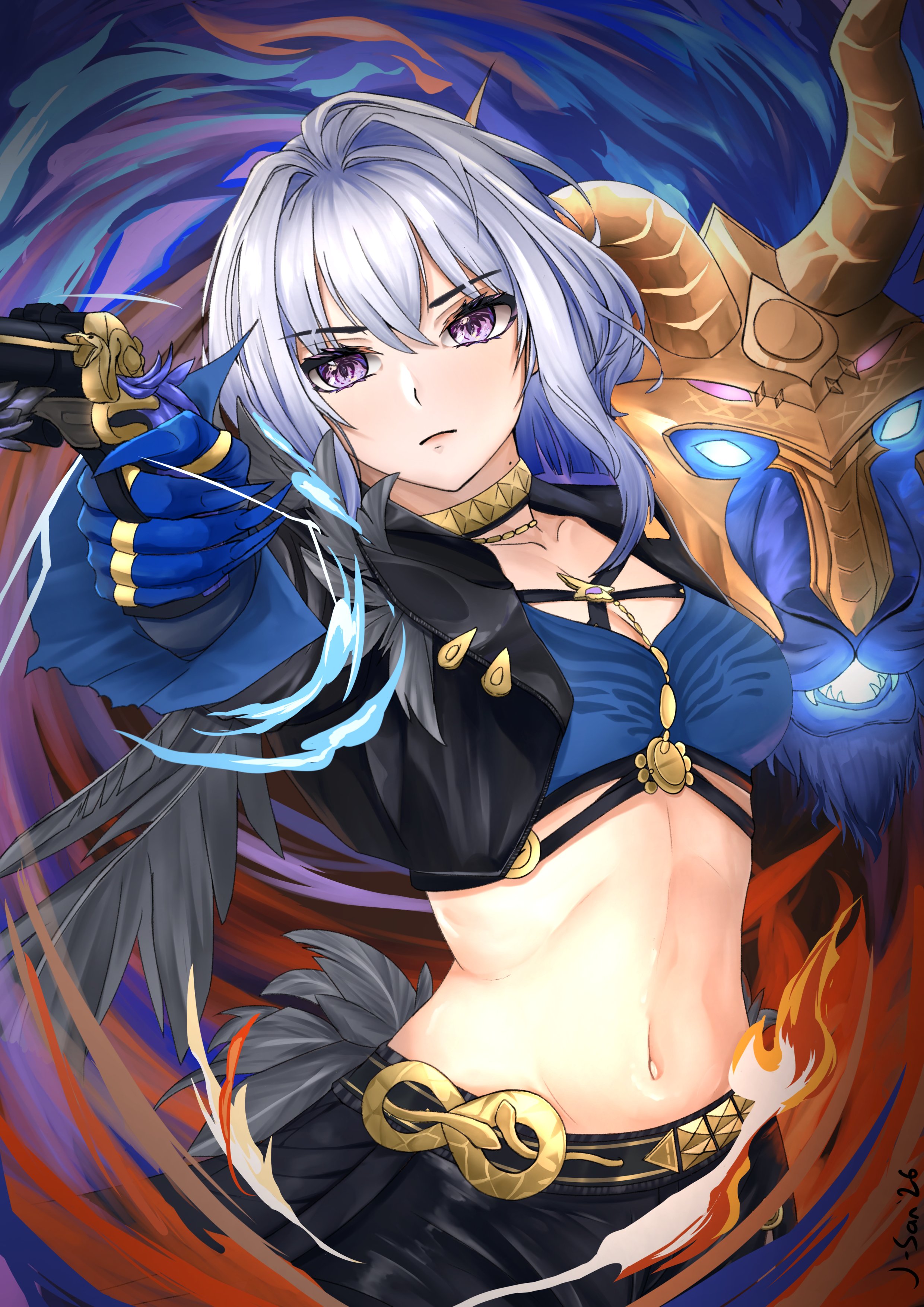 kumaj-san, galbrena (wuthering waves), wuthering waves, absurdres, commentary, english commentary, highres, 1girl, ahoge, bandeau, belt, black belt, black jacket, black shorts, blue bandeau, blue hair, blue hands, breasts, chimera (wuthering waves), closed mouth, collarbone, colored extremities, cowboy shot, creature, criss-cross straps, cropped jacket, feathered wings, gold choker, grey hair, groin, gun, hair between eyes, holding, holding gun, holding weapon, jacket, jewelry, long sleeves, medium breasts, medium hair, midriff, mole, mole on neck, multicolored hair, multiple rings, navel, open clothes, open jacket, purple eyes, ring, shorts, sidelocks, signature, single wing, standing, tacet discord (wuthering waves), very long fingernails, weapon, wings
