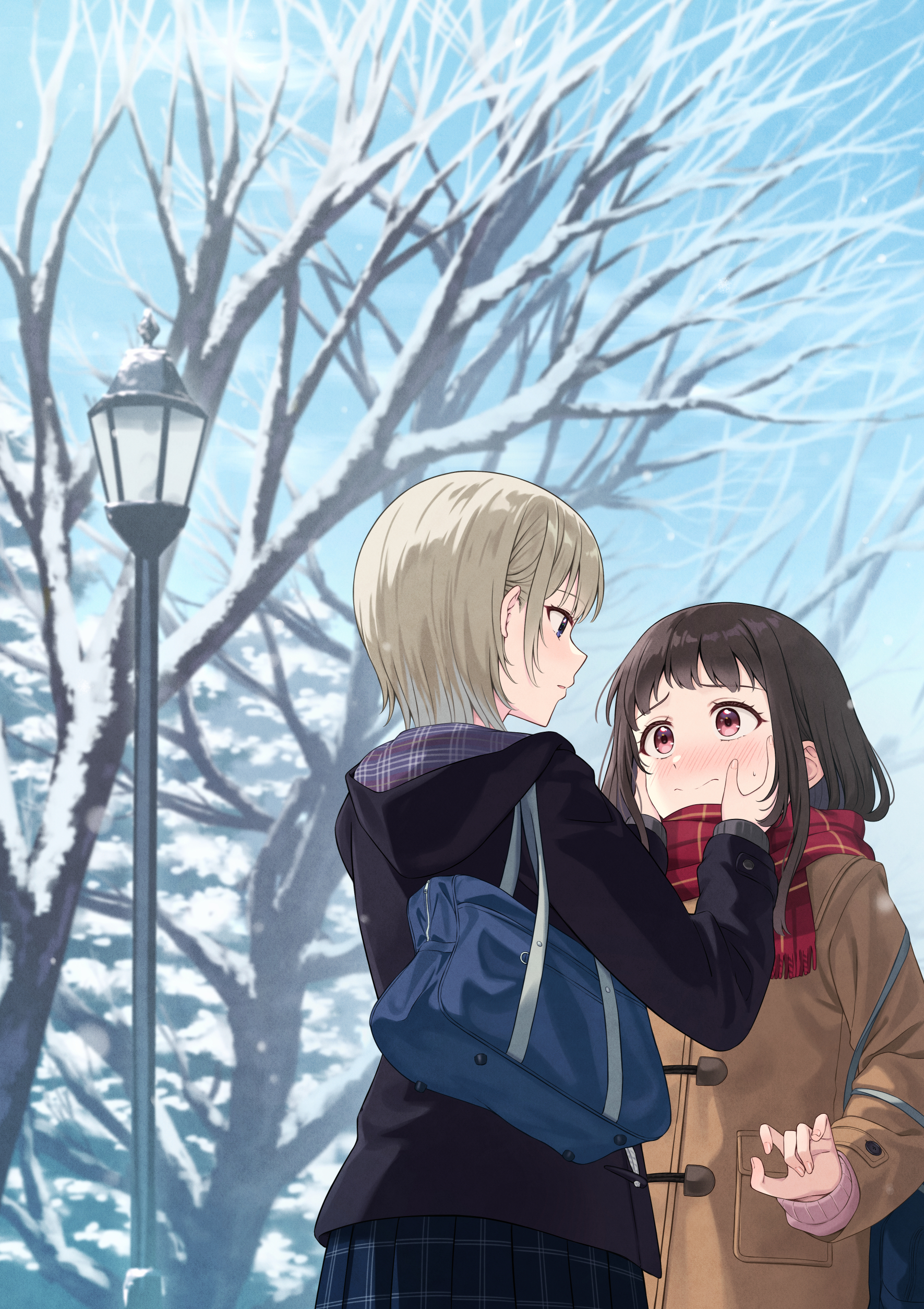 nuenue, original, absurdres, commentary request, highres, 2girls, bag, bare tree, black hair, black jacket, blonde hair, blue eyes, blue skirt, blue sky, blurry, blurry background, blush, brown coat, closed mouth, coat, day, duffel coat, enpera, eye contact, fingernails, hair behind ear, hand up, hands on another's cheeks, hands on another's face, hands up, hood, hood down, hooded jacket, jacket, lamppost, light smile, long hair, long sleeves, looking at another, multiple girls, nose blush, outdoors, parted lips, pink eyes, pleated skirt, pocket, profile, raised eyebrows, red scarf, scarf, school bag, short hair, shoulder bag, sidelocks, skirt, sky, snow, snowing, standing, sweatdrop, tree, winter, yuri