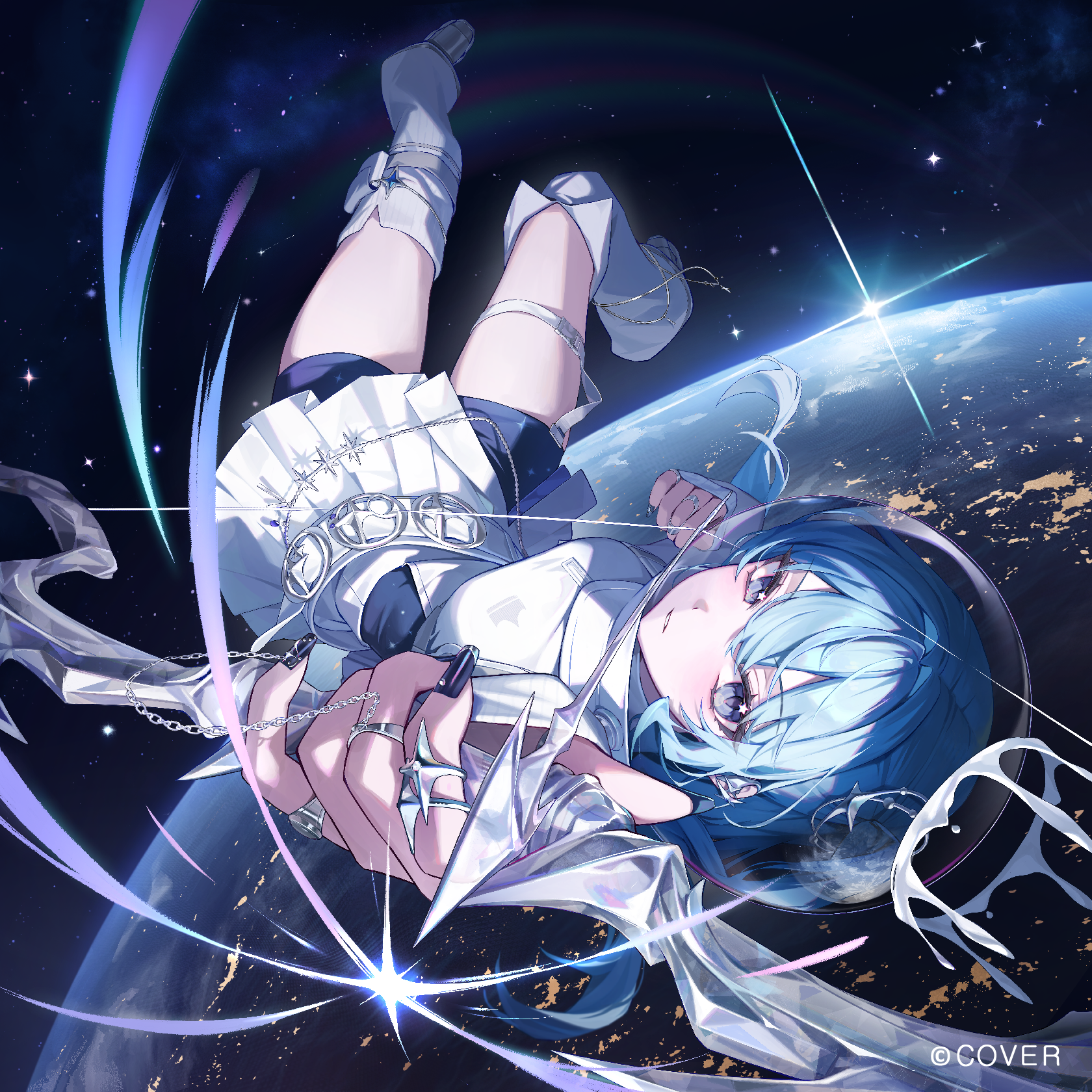 myao (myaodayone), hoshimachi suisei, hololive, commentary request, highres, official art, 1girl, belt, blue eyes, blue hair, bow (weapon), copyright name, double-parted bangs, drawing bow, earth (planet), full body, grey shoes, hair between eyes, helmet, holding, holding bow (weapon), holding weapon, leg warmers, long hair, looking at viewer, miniskirt, planet, shirt, shoes, shorts, shorts under skirt, skirt, solo, space, space helmet, star (symbol), star in eye, symbol in eye, thigh strap, upside-down, virtual youtuber, weapon, white belt, white leg warmers, white shirt, white skirt