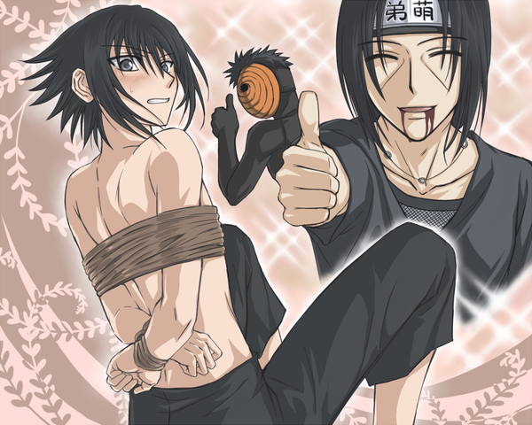 toryi, masked madara, tobi (naruto), uchiha itachi, uchiha obito, uchiha sasuke, naruto (series), naruto shippuuden, tied up, image sample, pixiv sample, resized, 3boys, arms behind back, blood, bound, incest, male focus, multiple boys, sitting, yaoi