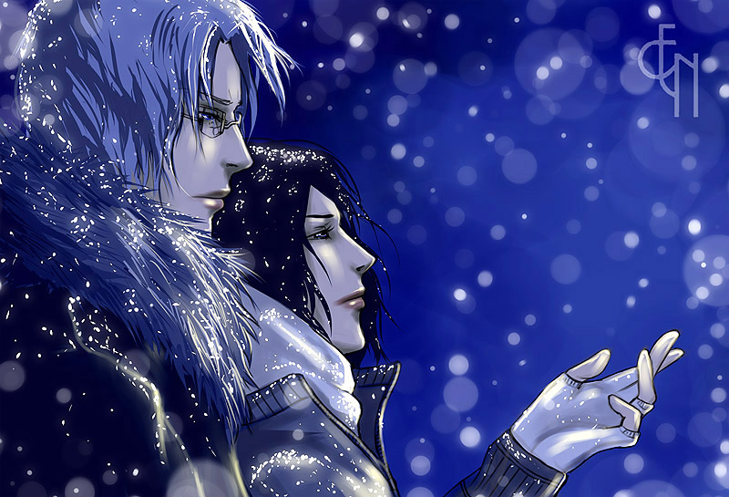 eneada (artist), ishida ryuuken, ishida uryuu, bleach, 2boys, black hair, blue background, blue eyes, coat, fingerless gloves, glasses, male focus, multiple boys, night, snow, white hair, winter