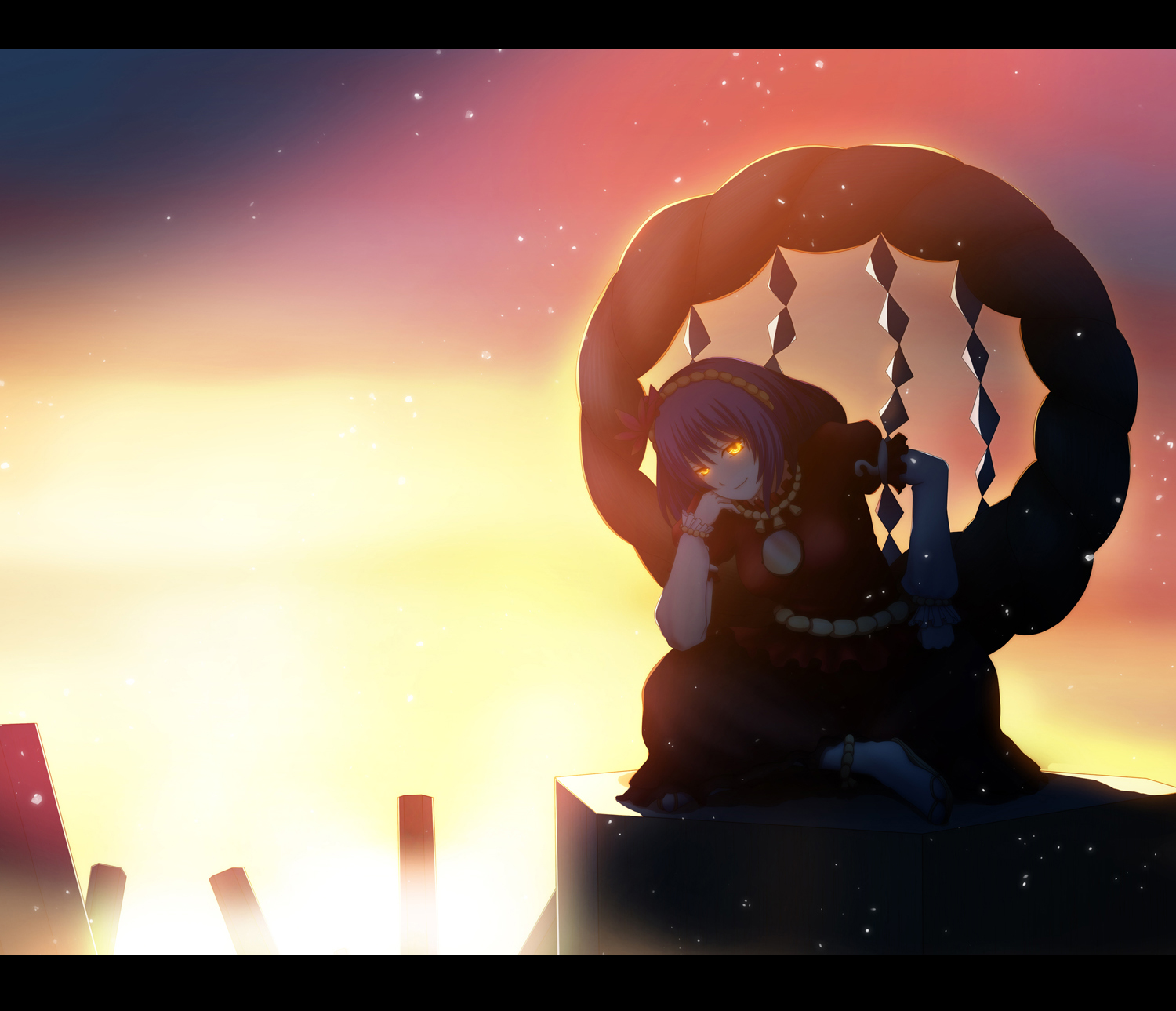 delant, hachifuku, yasaka kanako, touhou, bad id, bad pixiv id, highres, 1girl, backlighting, bloom, blue hair, female focus, glowing, glowing eyes, indian style, letterboxed, rope, shide, shimenawa, short hair, sitting, smirk, solo, sunset, yellow eyes