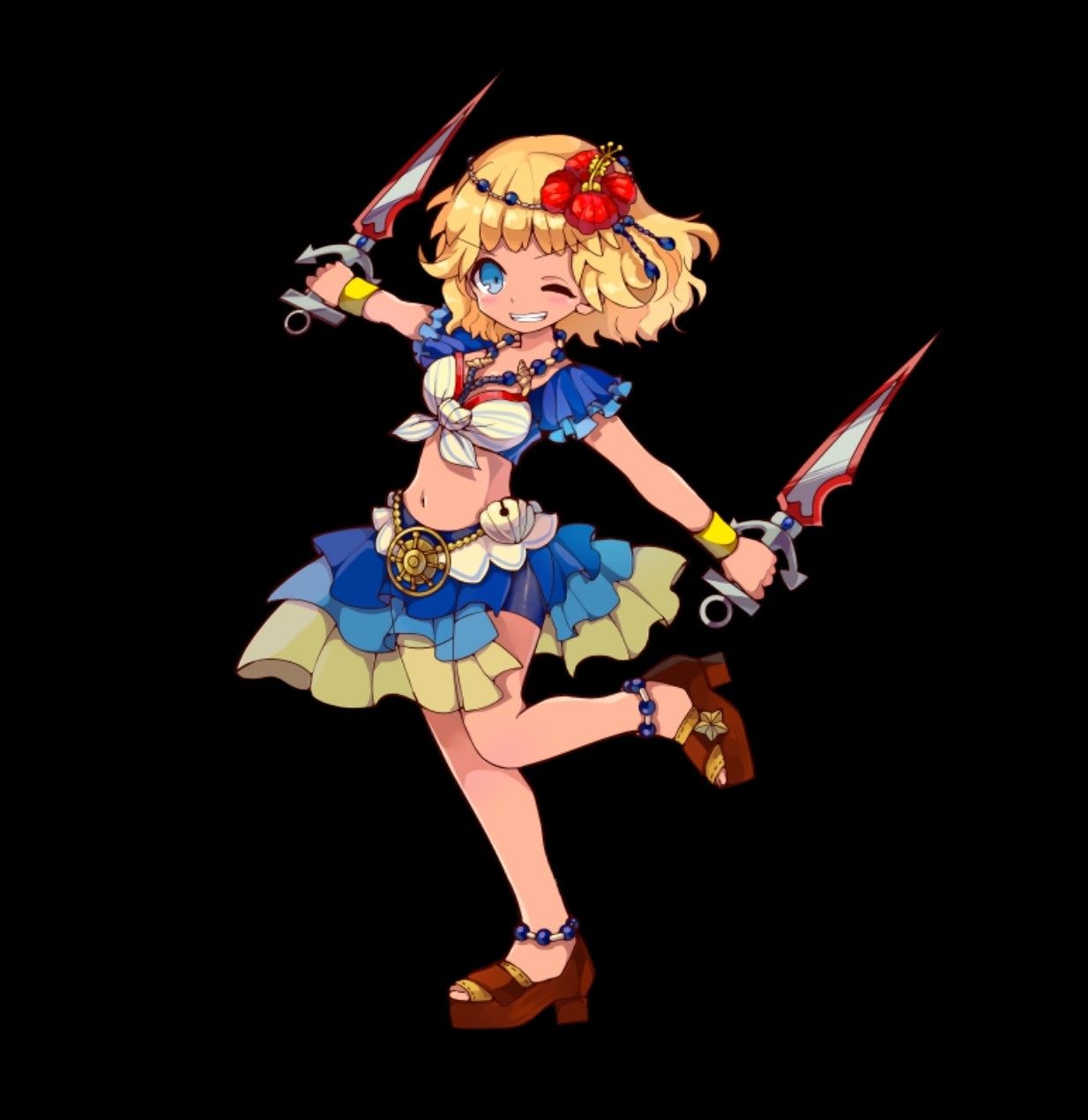 merc storia art team, merc storia, highres, official art, bare shoulders, bike shorts, black background, blonde hair, blue eyes, breasts, brown sandals, cleavage, clenched teeth, dagger, dual wielding, fiorina (merc storia), flower, front-tie top, full body, hair flower, hair ornament, holding, holding dagger, holding knife, holding weapon, knife, medium breasts, miniskirt, navel, one eye closed, red flower, reverse grip, sandals, see-through clothes, see-through skirt, short sleeves, simple background, skirt, smile, solo, standing, standing on one leg, tachi-e, teeth, v-shaped eyebrows, weapon, wristband