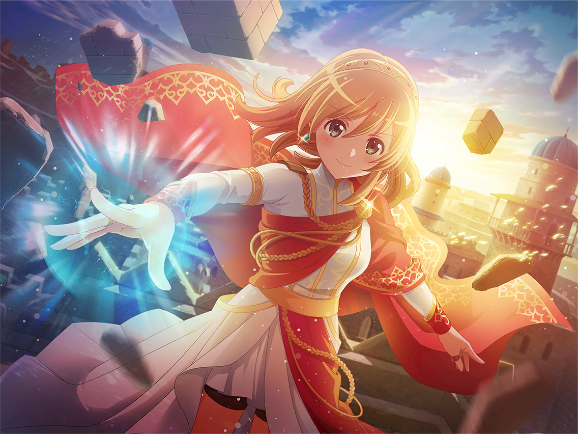 daiba nana, shoujo kageki revue starlight, shoujo kageki revue starlight -re live-, game cg, official art, 1girl, brown hair, building, cape, closed mouth, cosplay, debris, dress, dutch angle, earrings, floating hair, green eyes, hair down, headpiece, jewelry, long sleeves, looking at viewer, morning, red cape, red sash, ring, sash, short hair, smile, solo, standing, sun, white dress