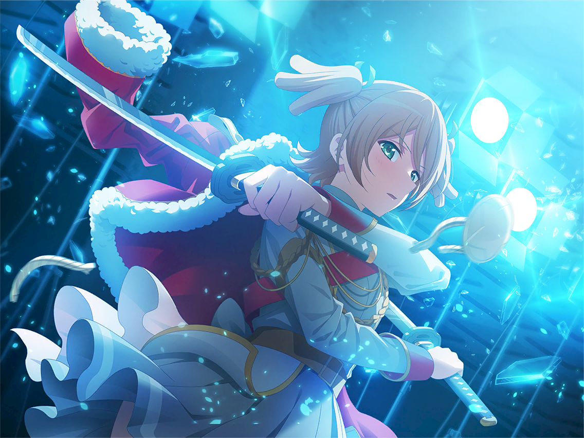 daiba nana, shoujo kageki revue starlight, shoujo kageki revue starlight -re live-, game cg, official art, 1girl, brown hair, dual wielding, fur-trimmed jacket, fur trim, glass shards, grey skirt, holding, holding sword, holding weapon, jacket, jacket on shoulders, katana, long sleeves, looking at viewer, parted lips, red jacket, red sash, sash, short hair, short twintails, skirt, solo, stage lights, sword, twintails, upper body, v-shaped eyebrows, weapon, white jacket
