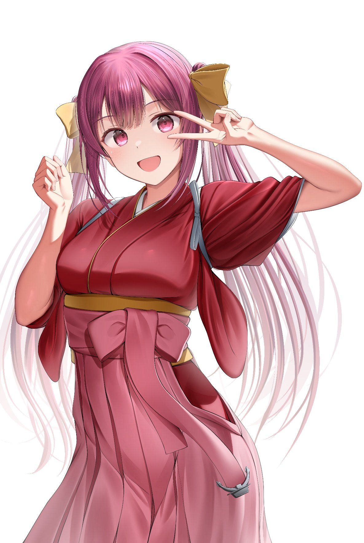 ibk chii, kamikaze (kancolle), kantai collection, commentary request, highres, 1girl, alternate hairstyle, blush, bow, breasts, hair bow, hair ribbon, hakama, hakama skirt, japanese clothes, kimono, long hair, looking at viewer, meiji schoolgirl uniform, open mouth, pink hakama, purple eyes, purple hair, red kimono, ribbon, skirt, smile, solo, television, twintails, white background, yellow bow