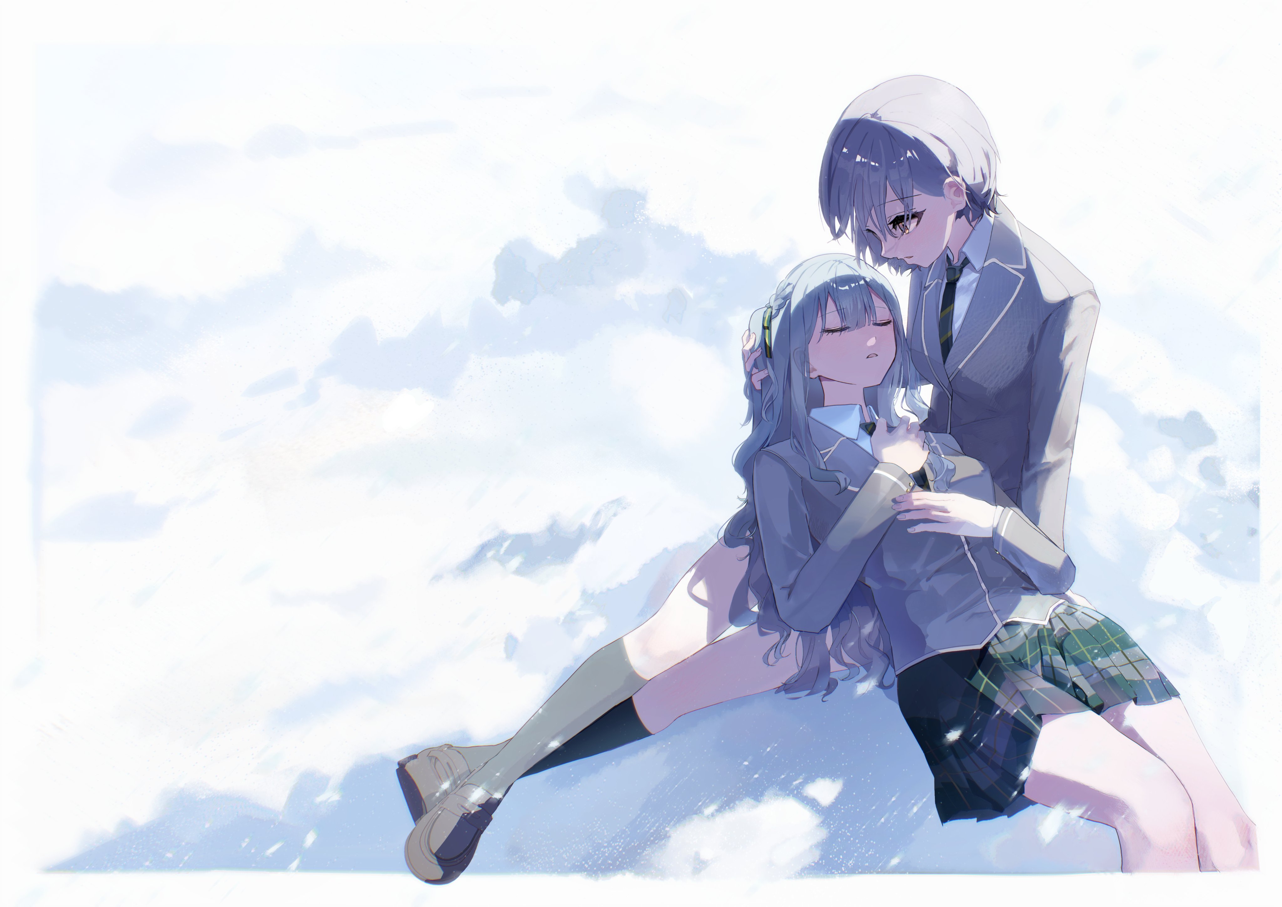 ns3519 16, takamatsu tomori, togawa sakiko, bang dream!, bang dream! it's mygo!!!!!, absurdres, commentary, highres, symbol-only commentary, 2girls, blue hair, closed eyes, green skirt, grey hair, grey jacket, hair ribbon, haneoka school uniform, jacket, kneehighs, loafers, long hair, long sleeves, multiple girls, open mouth, ribbon, school uniform, shoes, short hair, skirt, socks, two side up, yuri